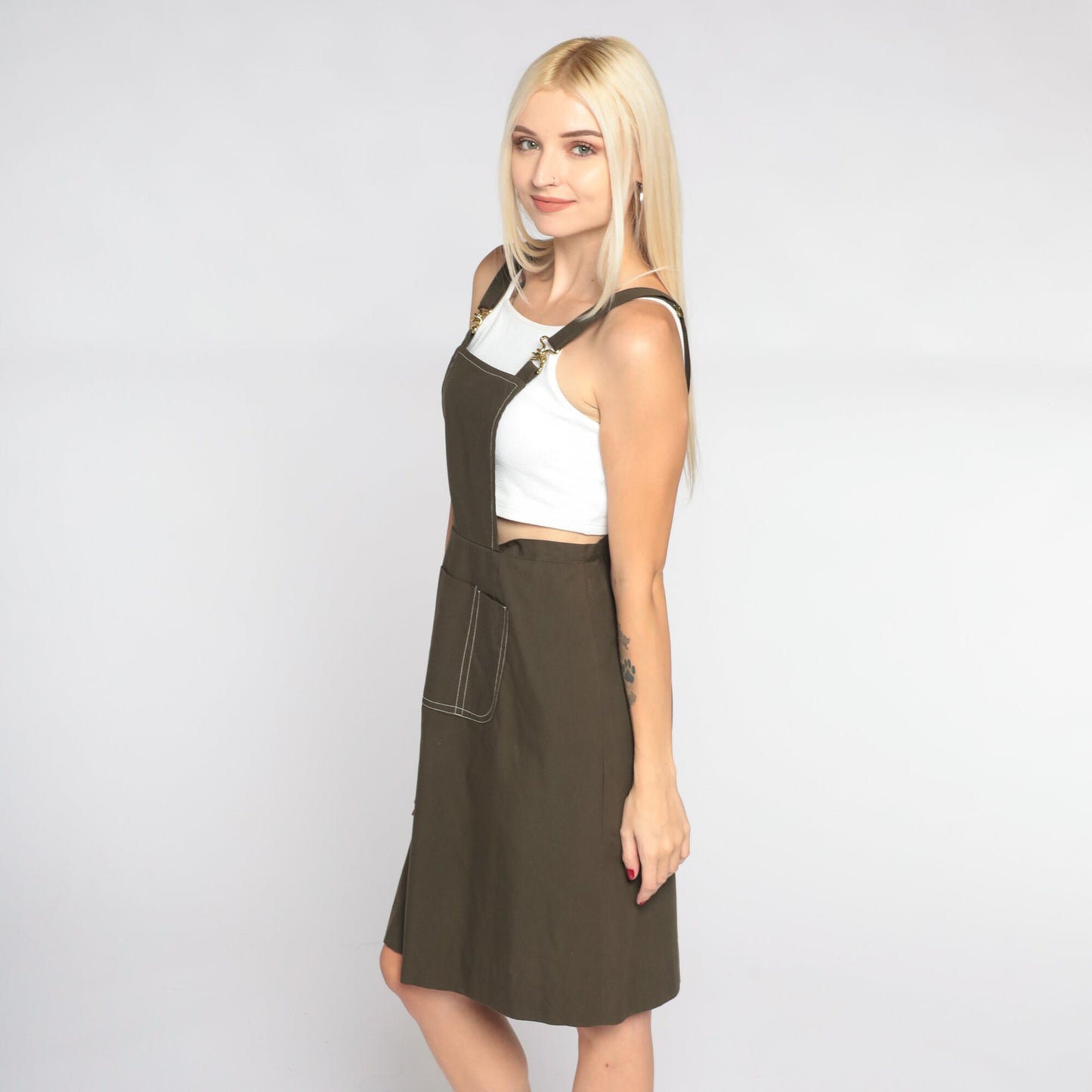 1960s Brown Cotton Overall Mini Dress Bib Pinafore Extra Small