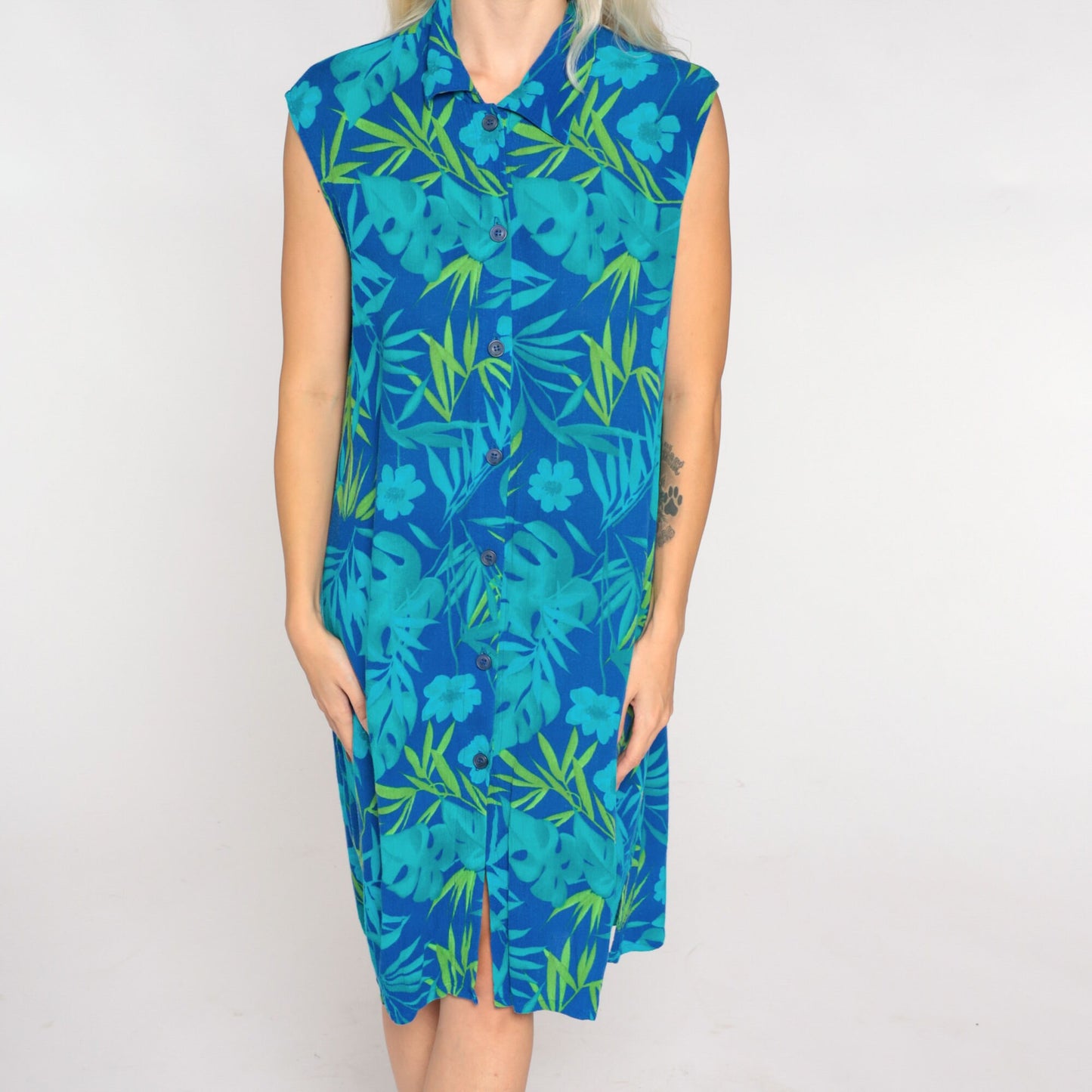 00s Blue Tropical Floral Mini Shirtdress Sleeveless Button Up Large 12