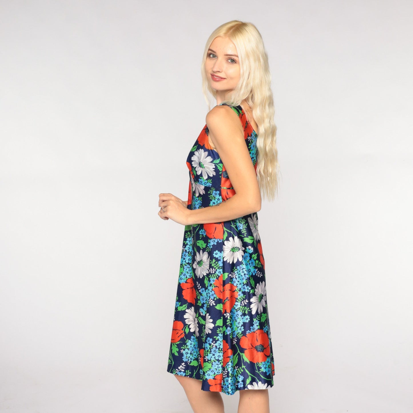 70s Navy Floral Babydoll Mini Dress Empire Waist Sleeveless Extra Small