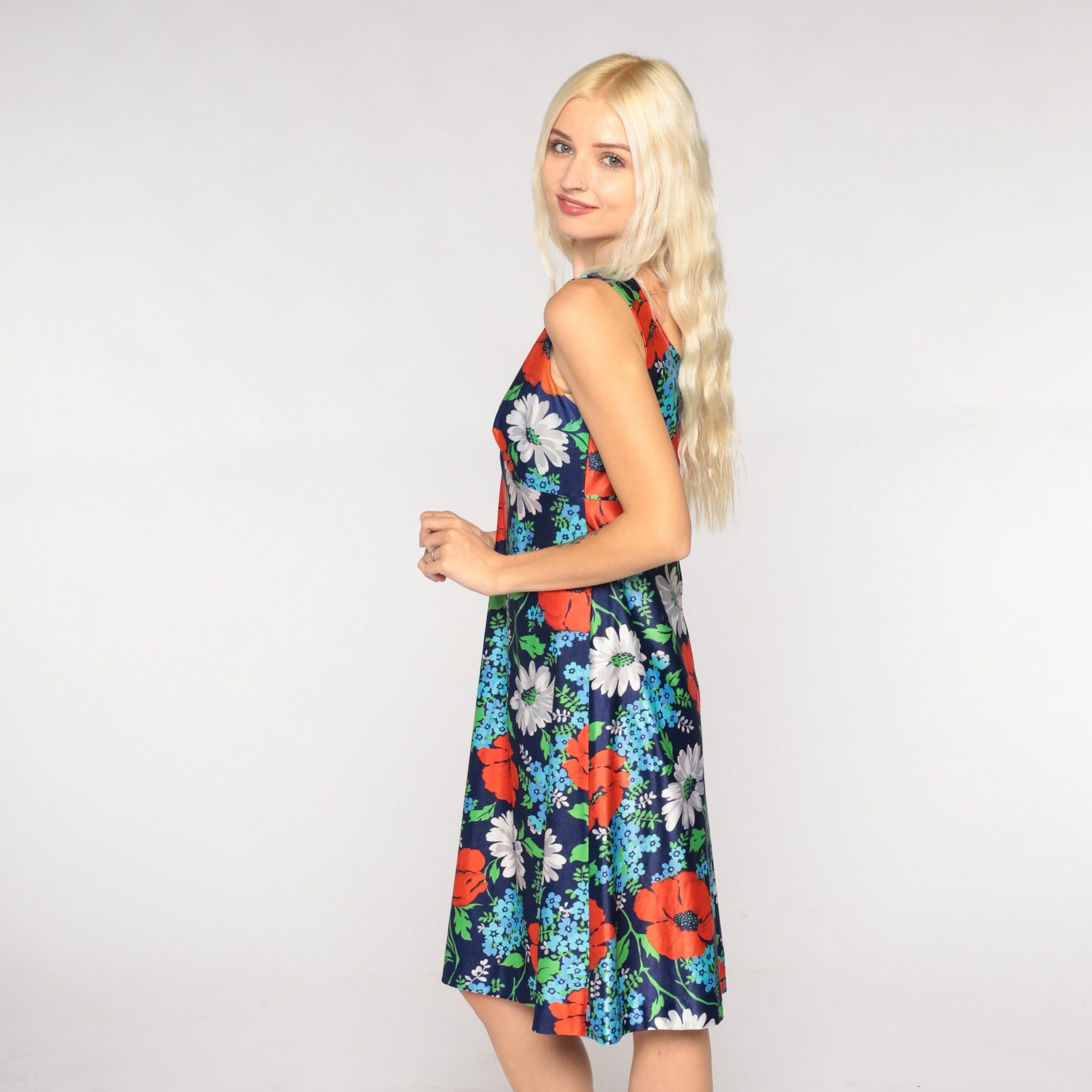 70s Navy Floral Babydoll Mini Dress Empire Waist Sleeveless Extra Small