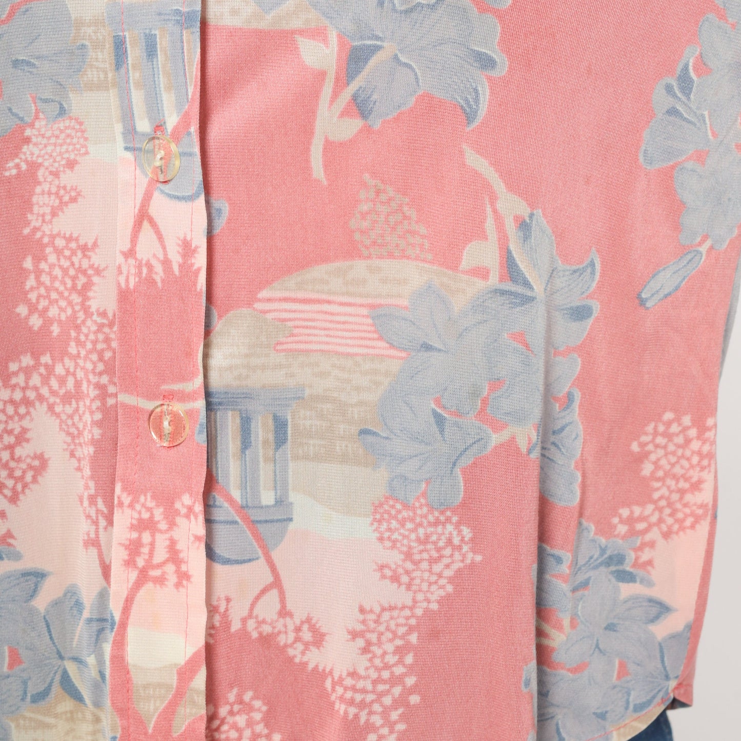 70s Pink Floral Nylon Blouse Dagger Collar Architecture Print Button Up Small