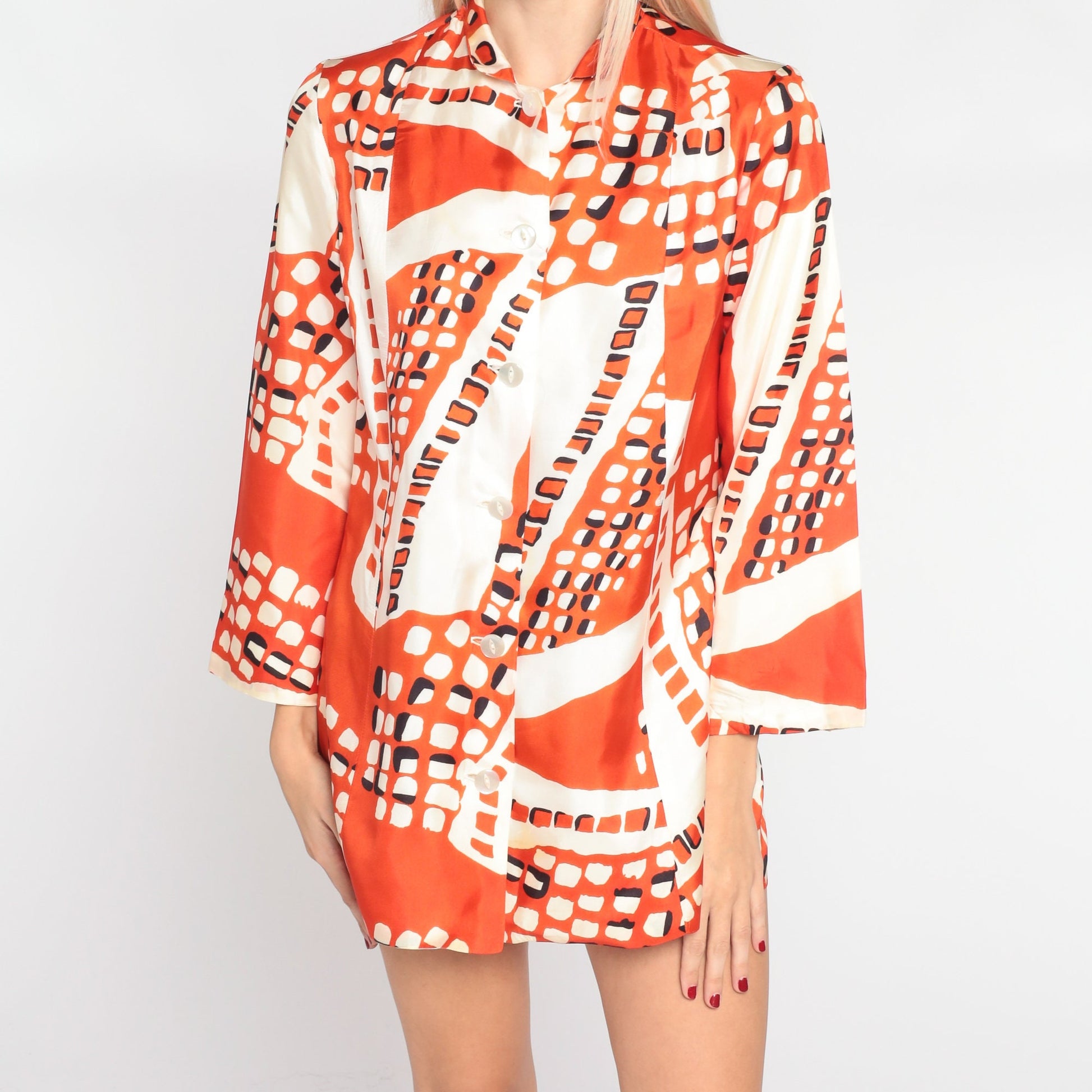 60s Orvieto Creations Blouse Orange White Abstract Dot Print Wide Sleeve Small