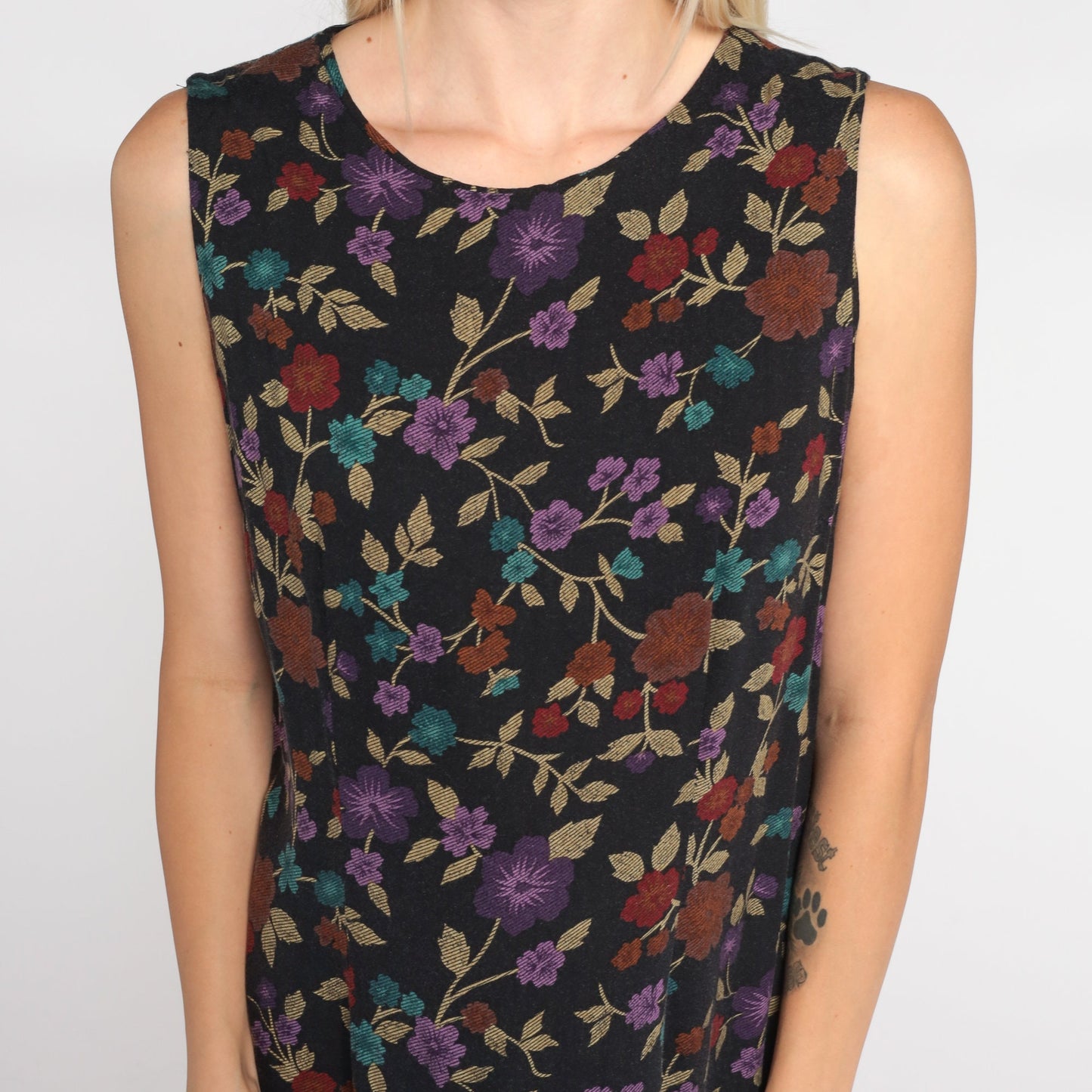00s Black Floral Shift Dress Sleeveless Knee Length Small S