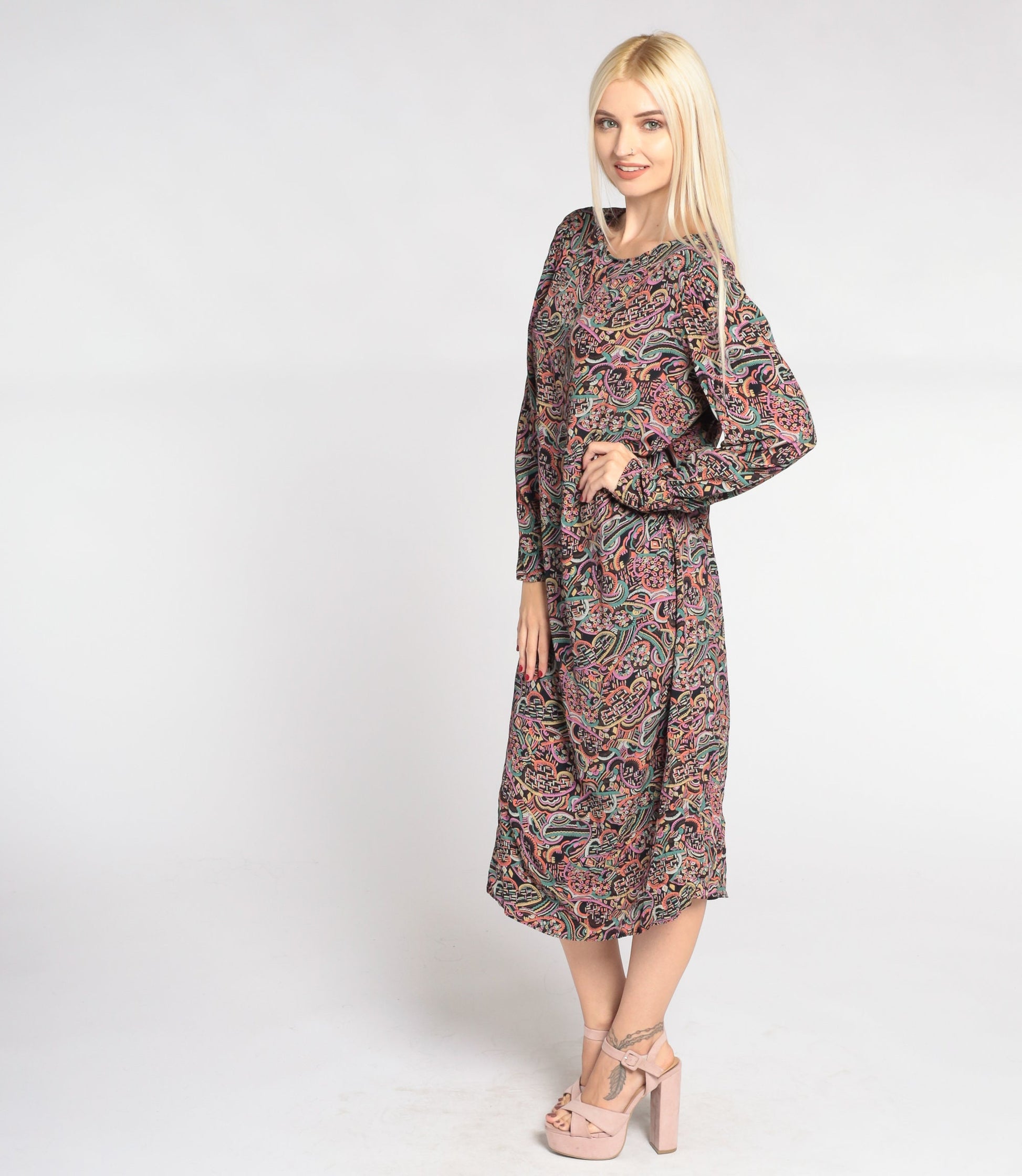 80s Abstract Cloud Print Midi Dress Black Puff Sleeve Shift Medium M