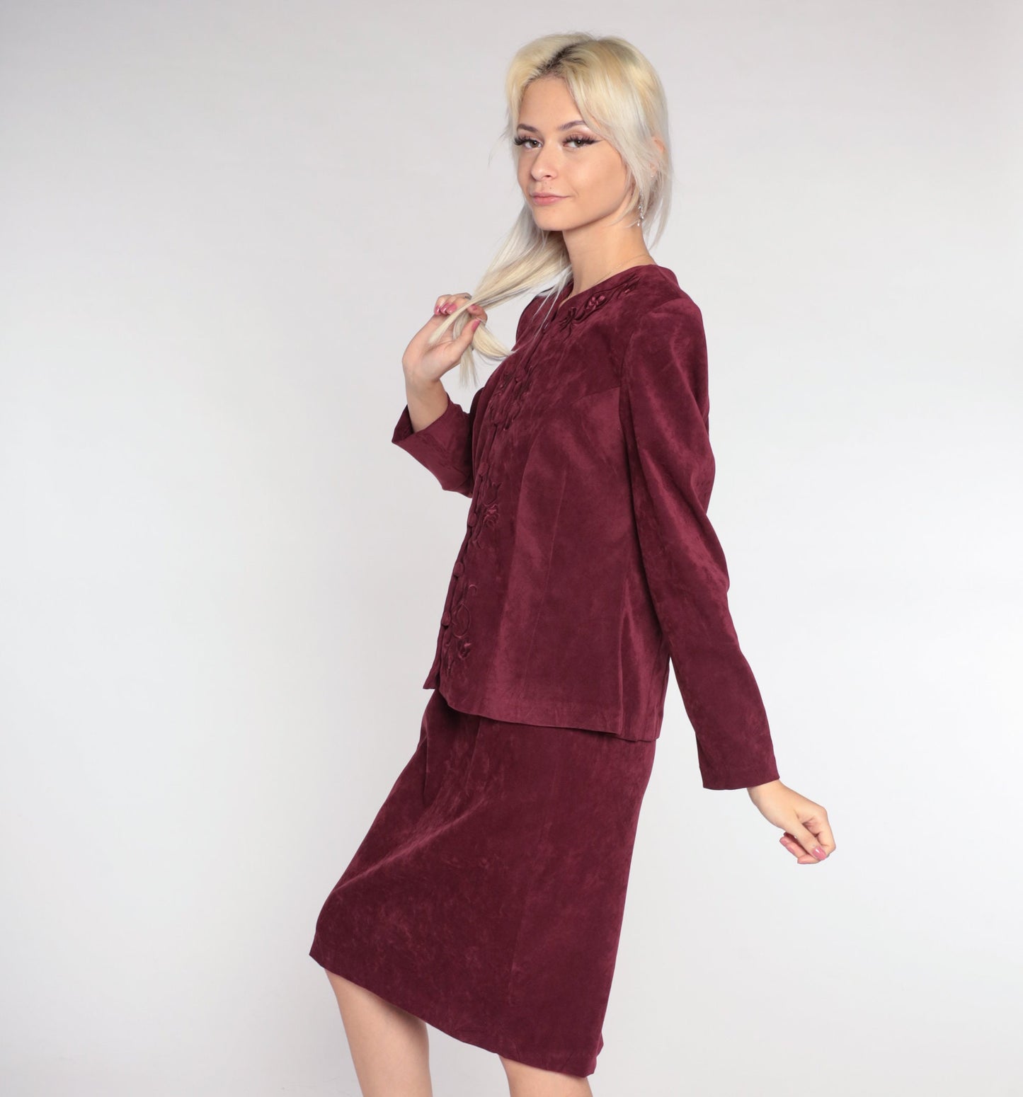 90s Karin Stevens Burgundy Floral Embroidered Midi Dress Long Sleeve Medium