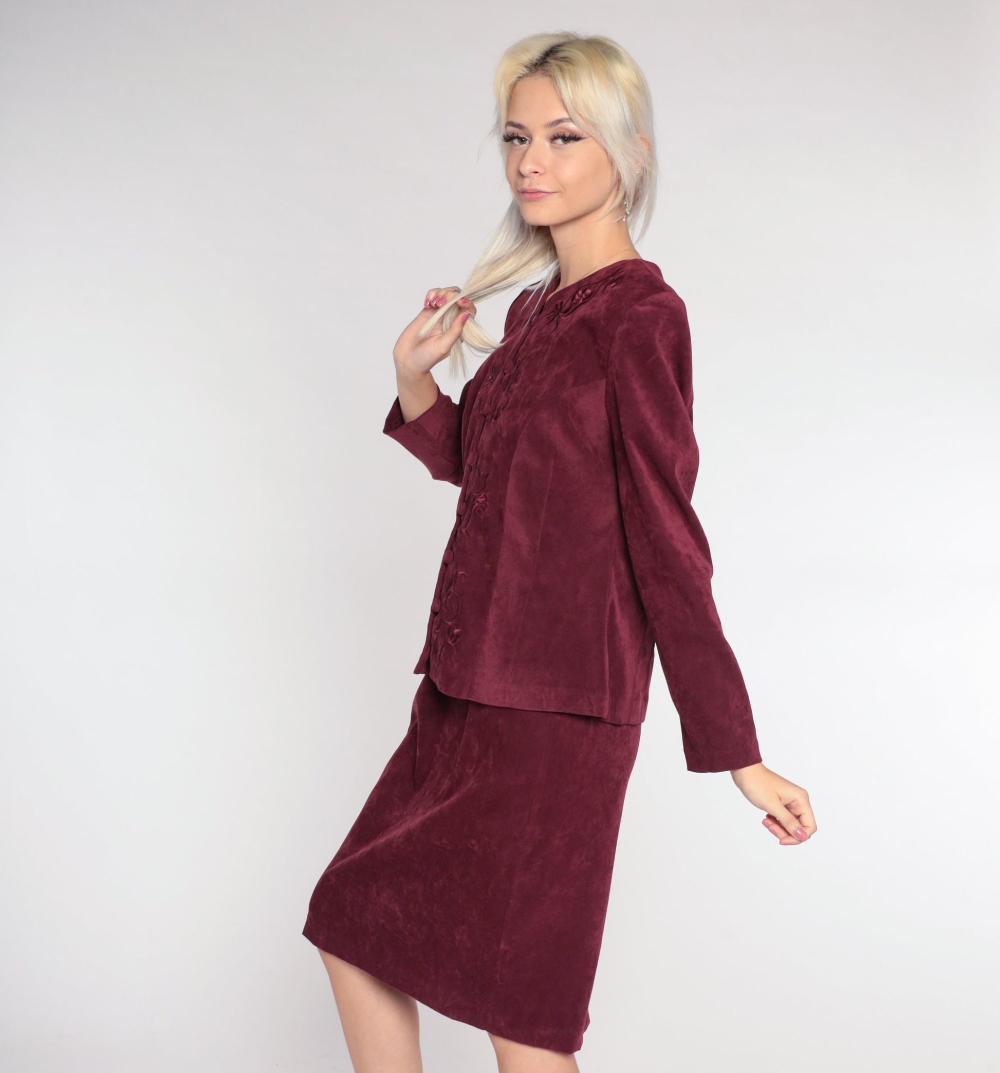 90s Karin Stevens Burgundy Floral Embroidered Midi Dress Long Sleeve Medium