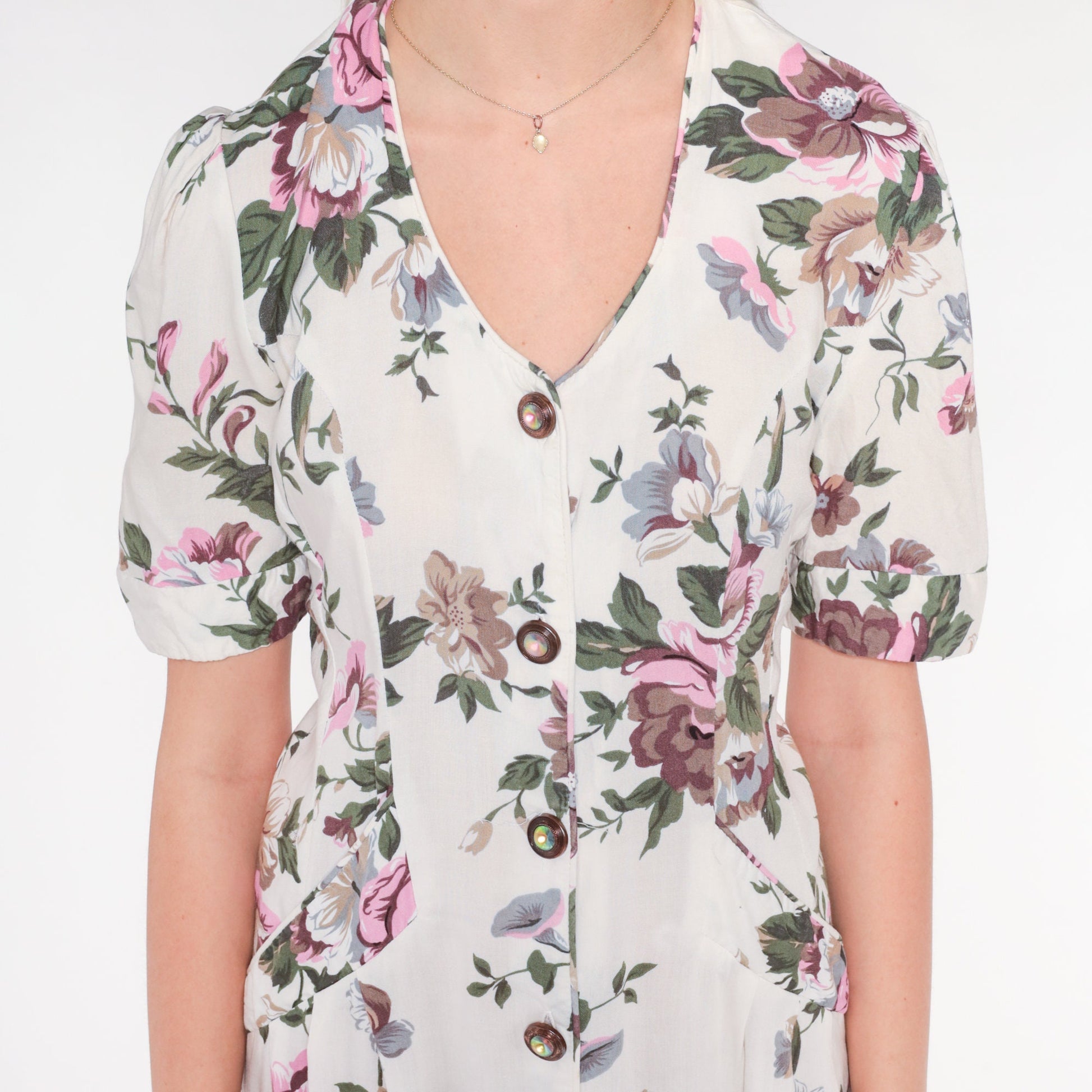 90s White Floral Mini Dress Button-Up Sheath Puff Sleeve Small S