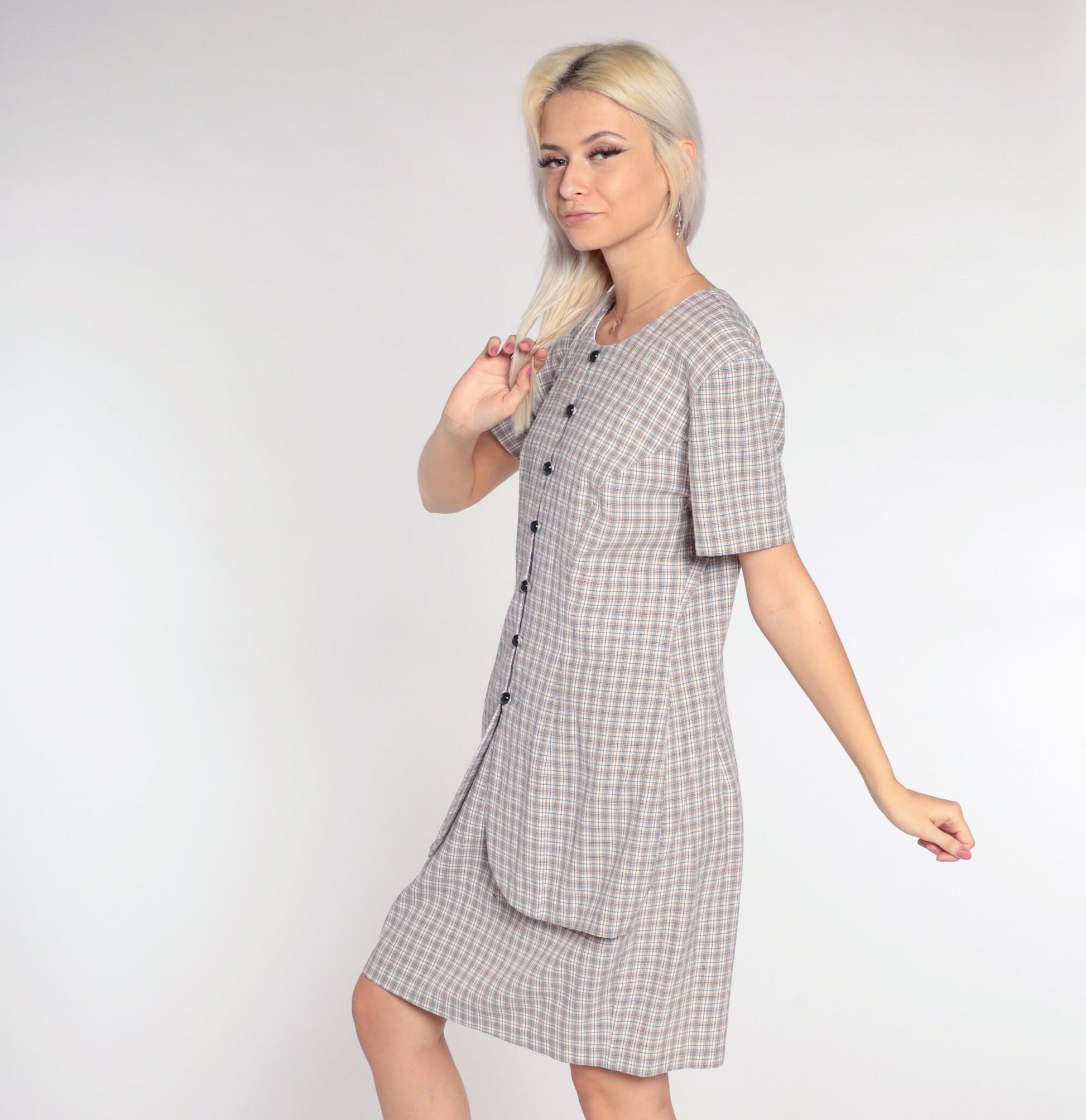 90s Plaid Mini Dress White Tan Checkered Button-Up Shift Short Sleeve Large