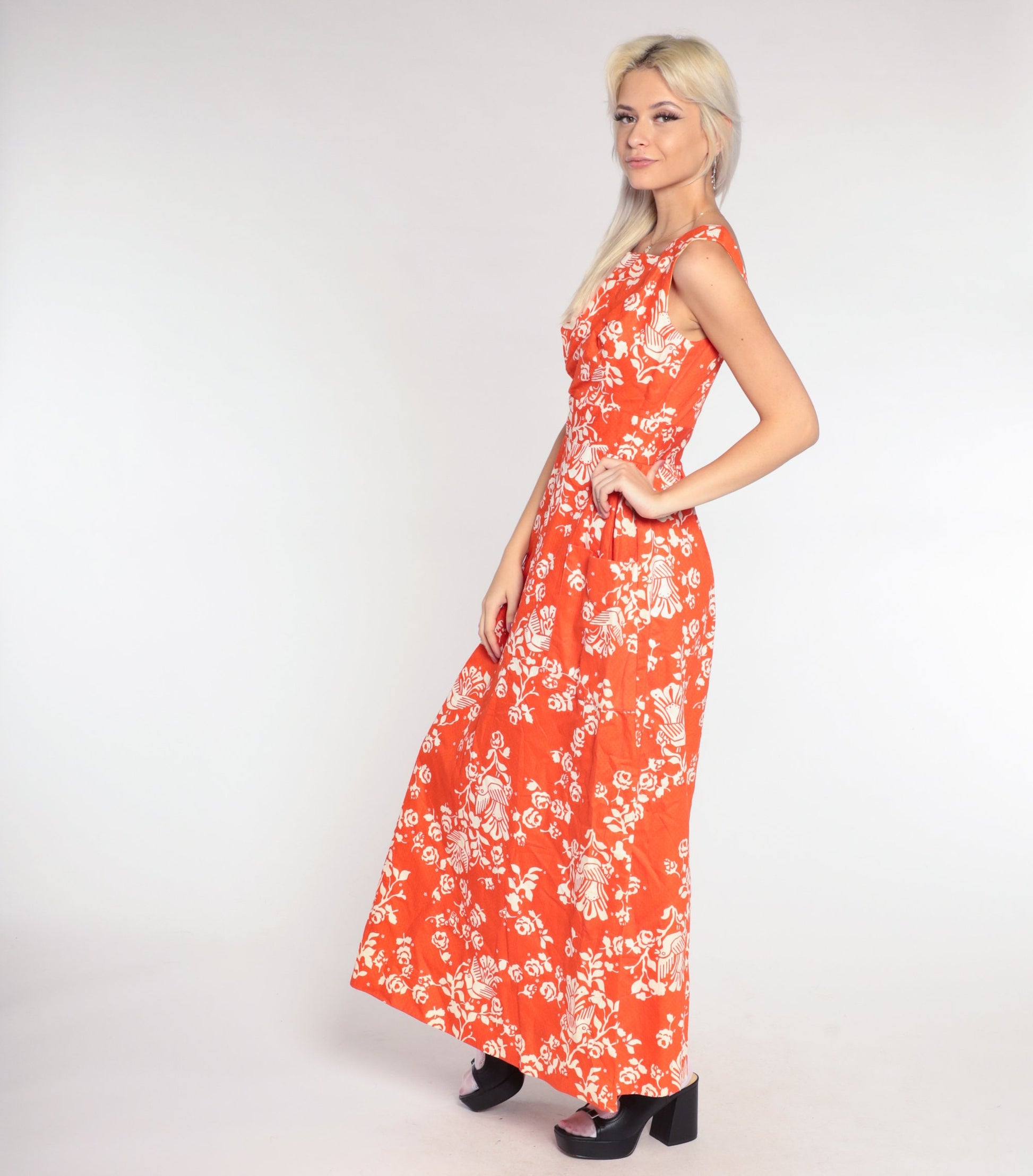 70s Orange Bird Floral Maxi Dress High Waist Cotton Vintage Extra Small