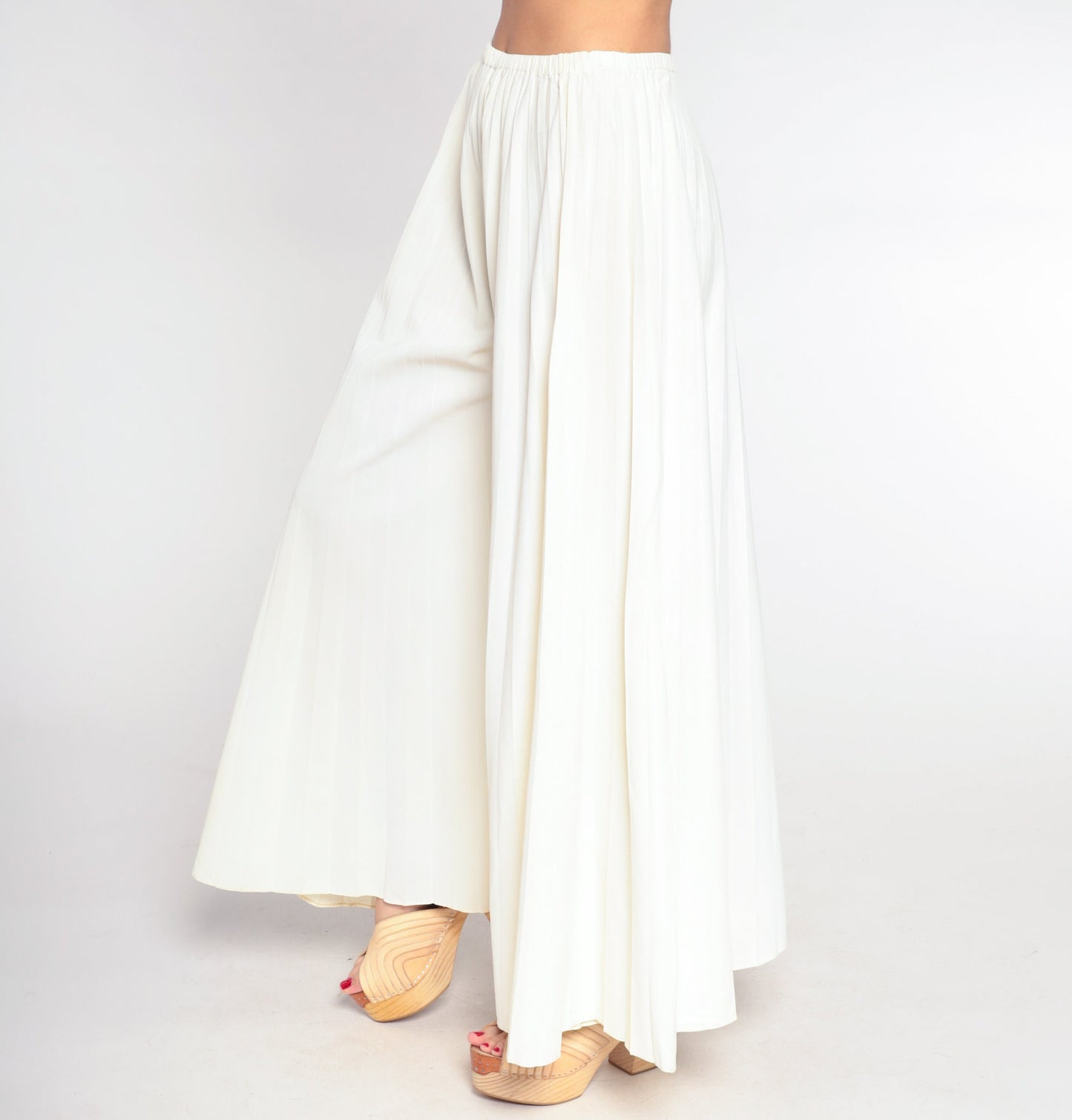 70s Cream Palazzo Pants High Waisted Wide Leg Pleated Bell Bottoms Small