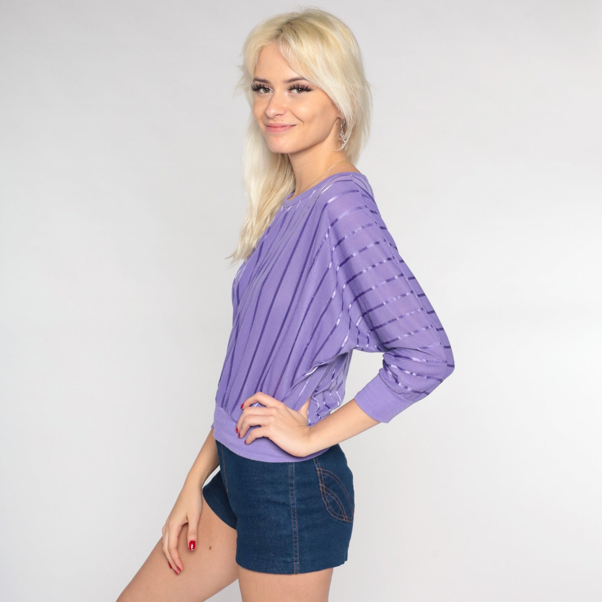 80s Purple Ribbon Striped Blouse Dolman Sleeve Banded Hem Extra Small