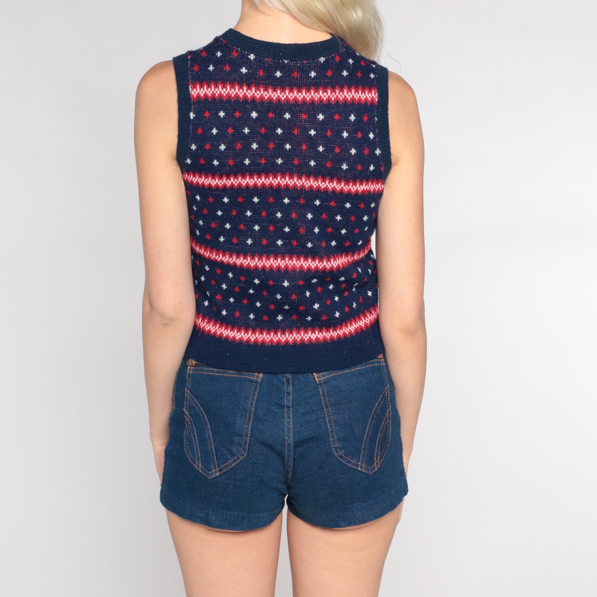 80s Hang Ten Sweater Vest Navy Striped Fleur De Lis Red White Blue XS