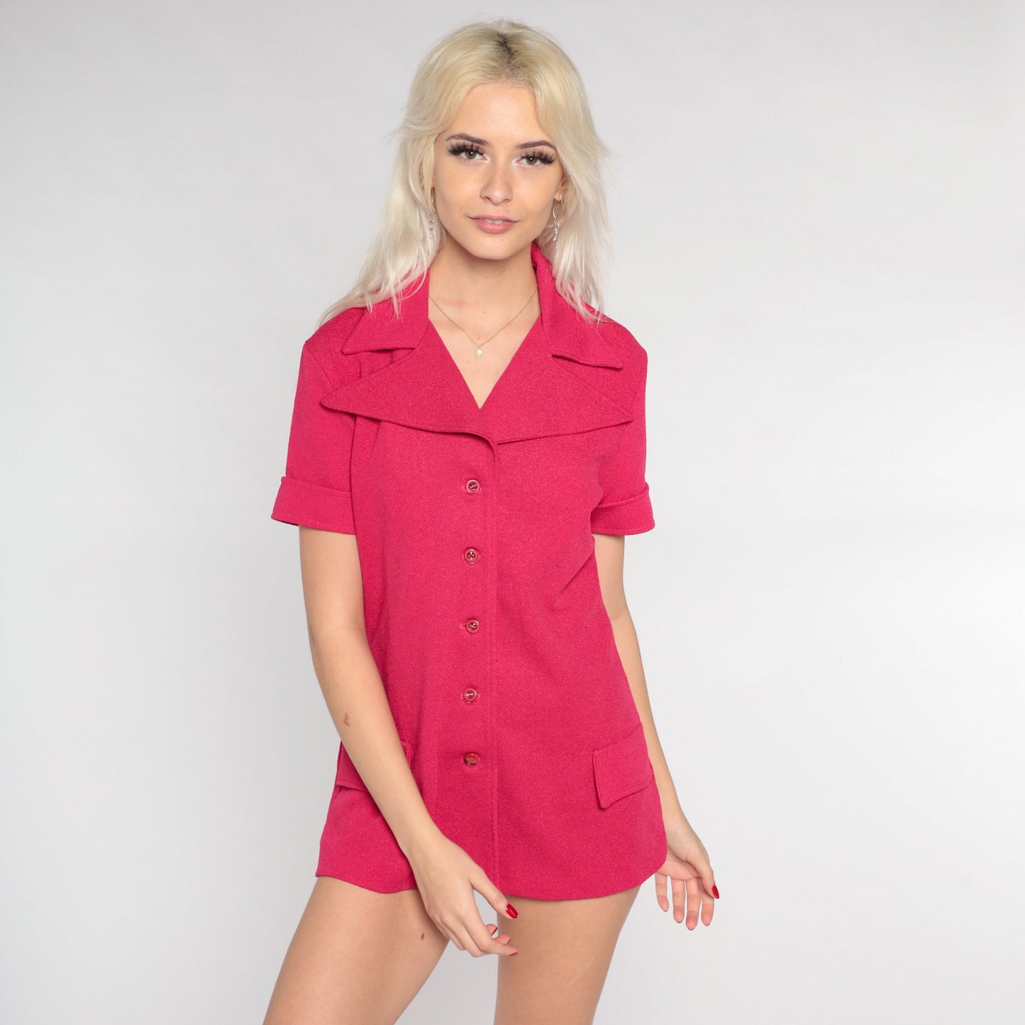 70s Fuchsia Pink Wing Collar Blouse Button-Up Short Sleeve Medium M
