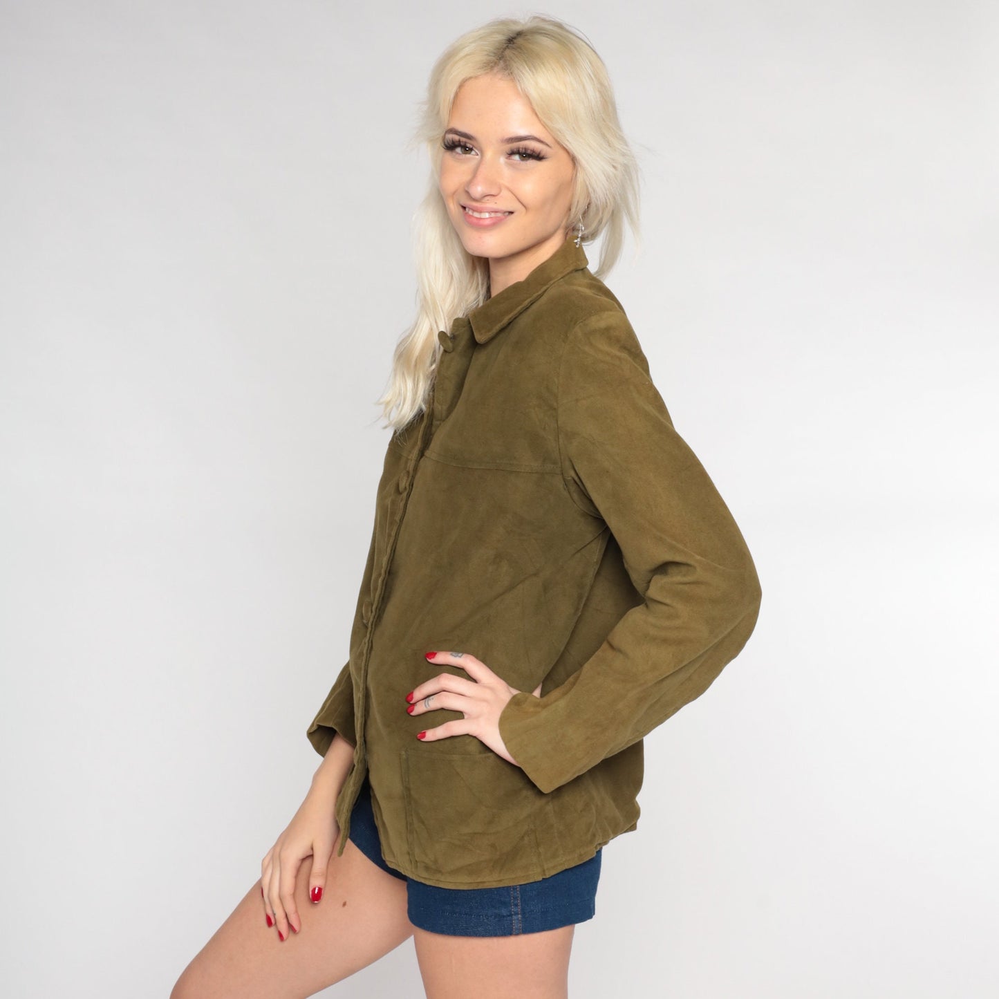 70s Olive Green Faux Suede Button-Up Shirt Long Sleeve Western Medium Large
