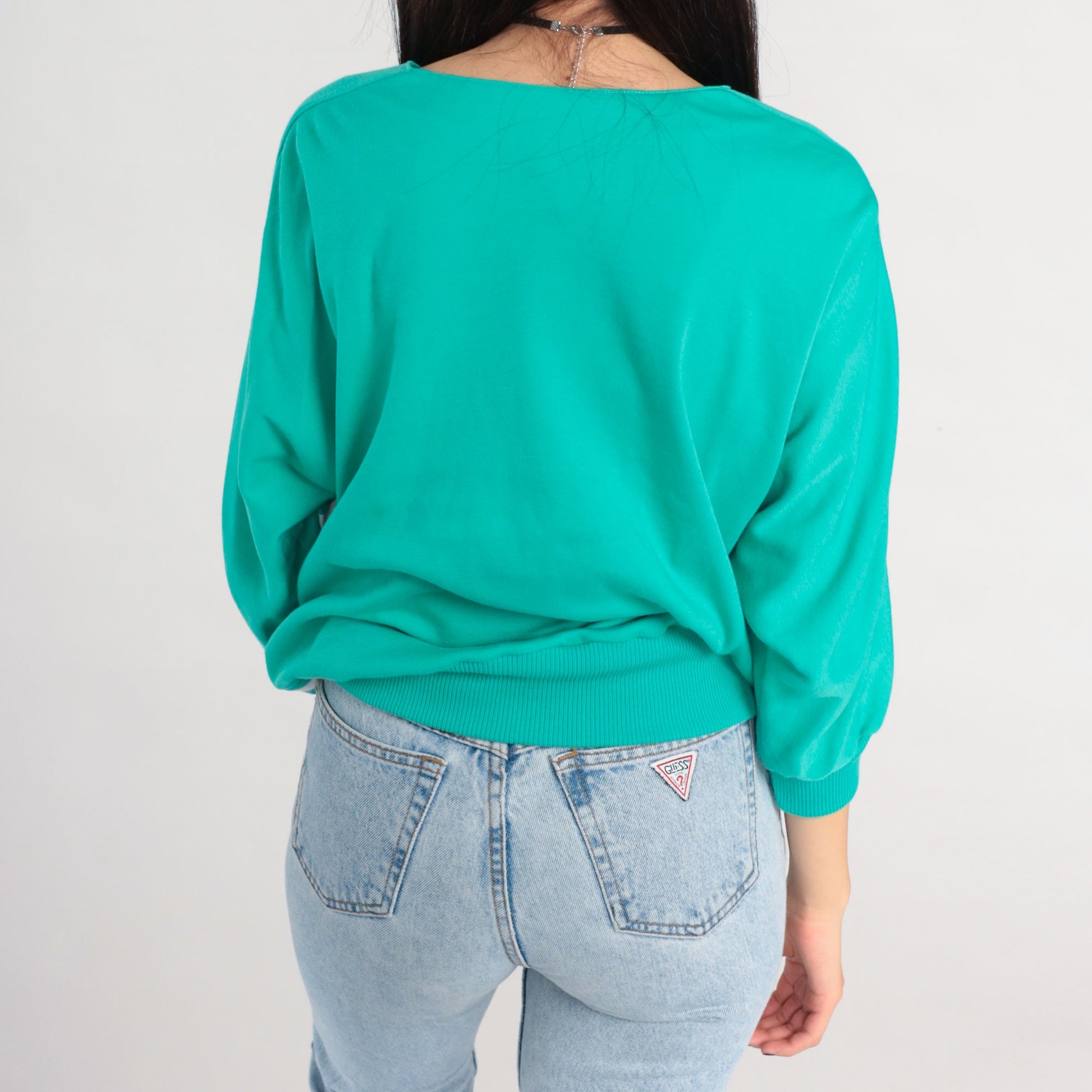80s Green Floral Studded Striped Blouse V-Neck 3/4 Sleeve Medium