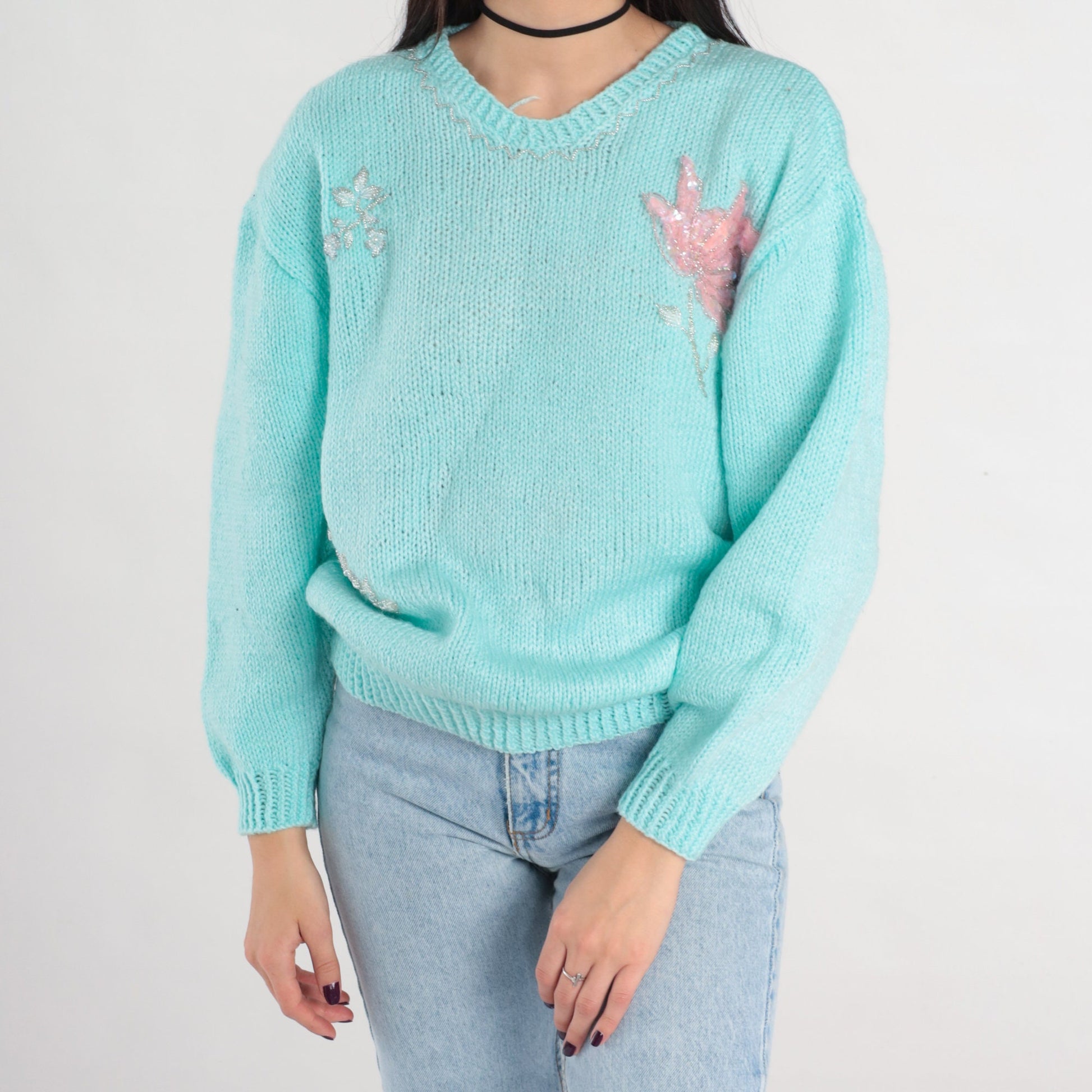 80s Mint Blue Floral Beaded Sequin Knit Sweater Pullover Medium