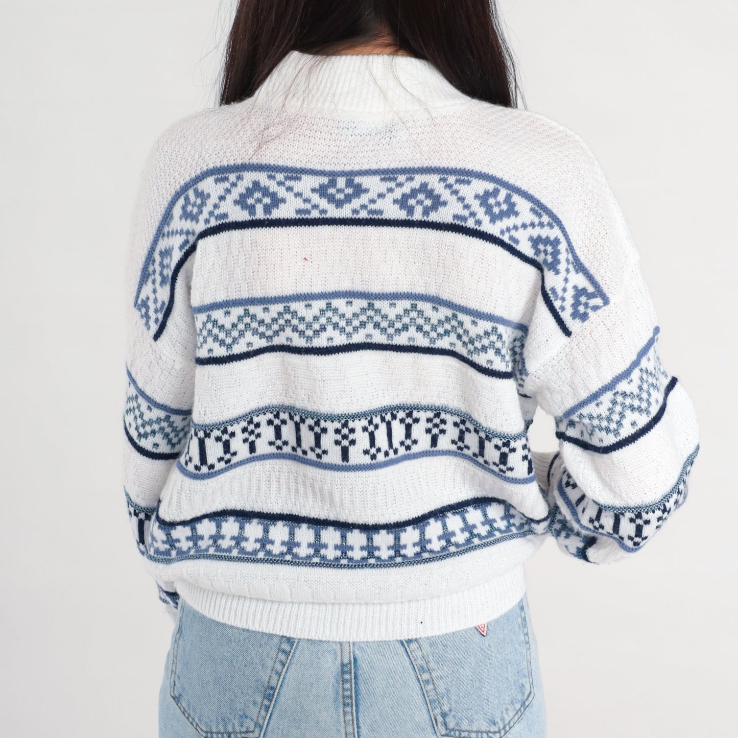 90s Striped Mock Neck Sweater White Blue Knit Pullover Medium M