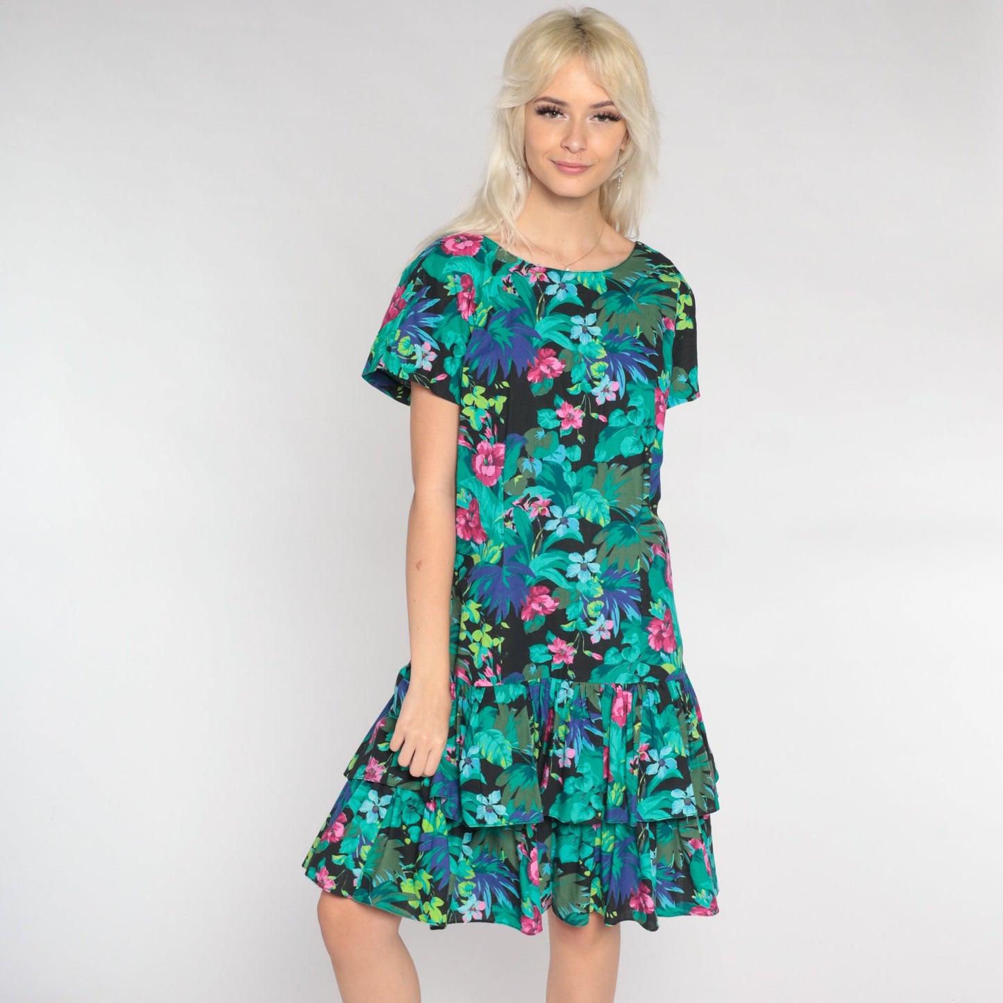 90s Tropical Floral Mini Dress Black Leaf Print Drop Waist Tiered Ruffle Medium