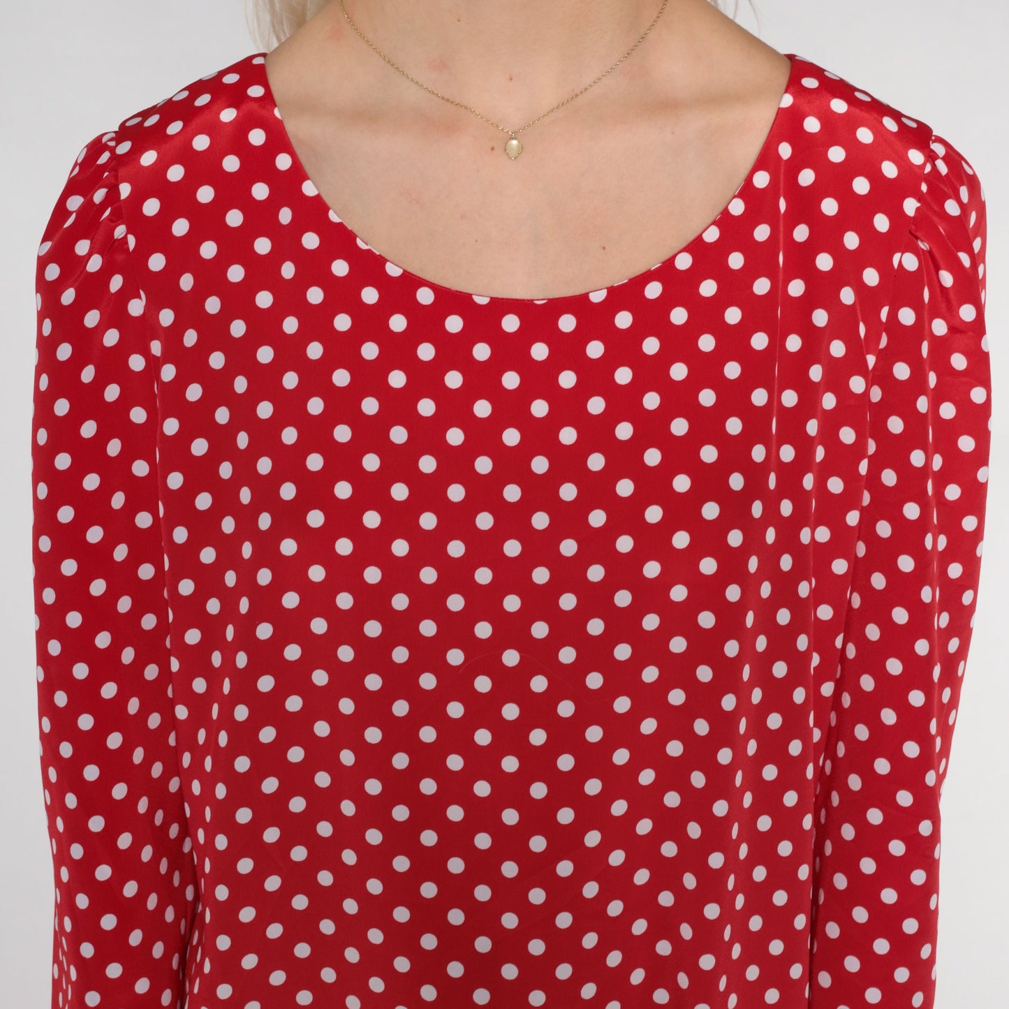 90s Leslie Fay Red Polka Dot Midi Dress Long Sleeve Drop Waist Medium 10
