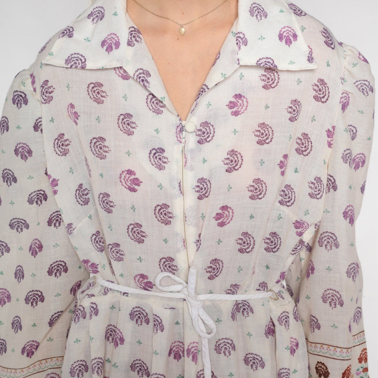 70s White Floral Midi Shirtdress Drawstring Waist Balloon Sleeve Collared Extra Large