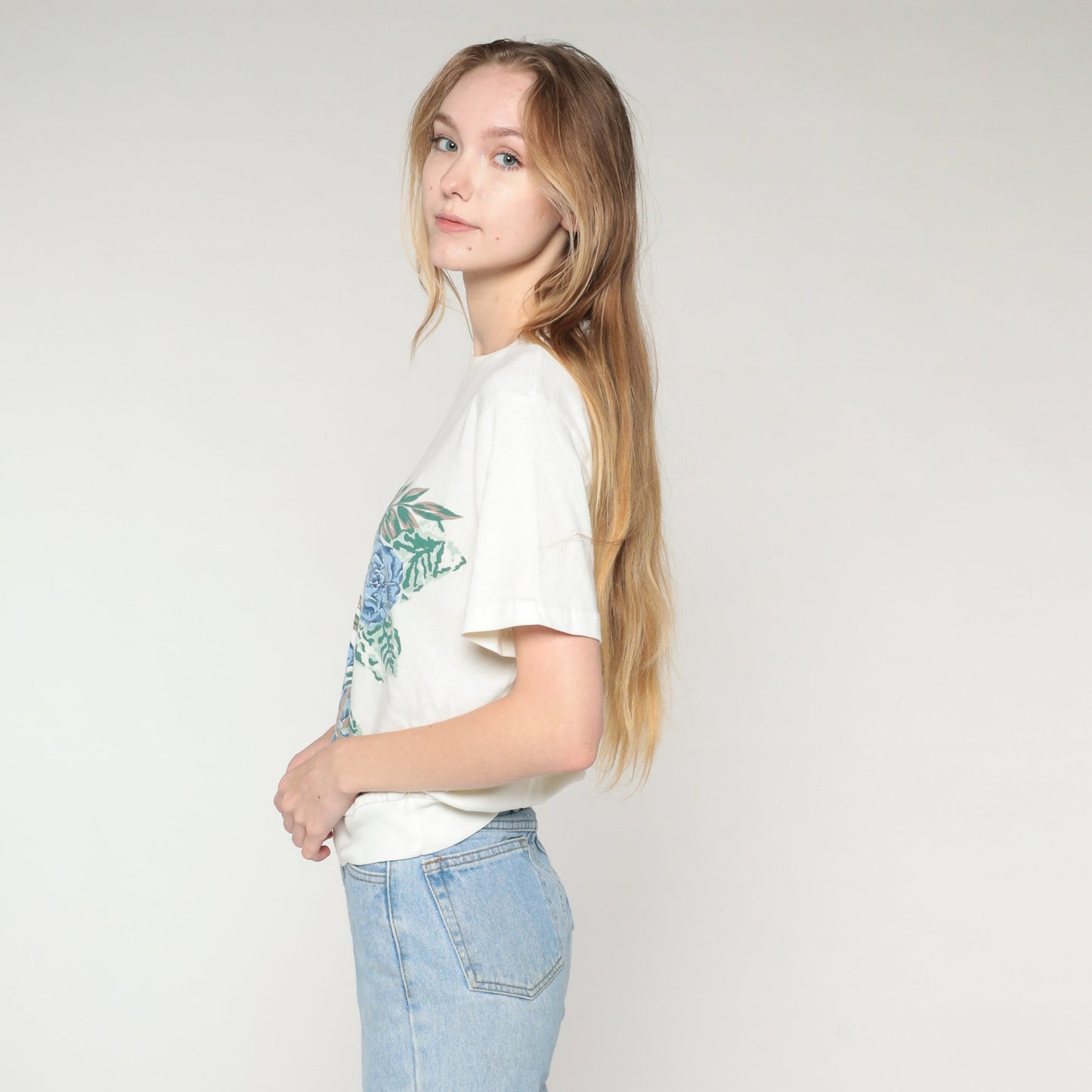 90s Floral Leaf Print T-Shirt White Banded Hem Graphic Tee Medium