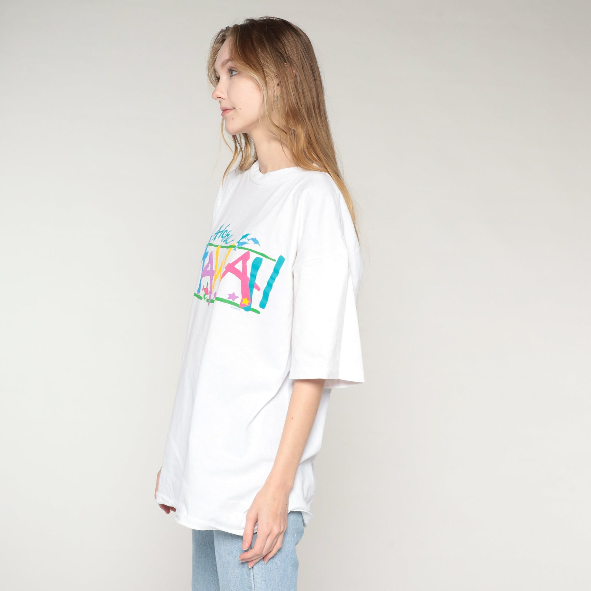 90s Hawaii Aloha Graphic T-Shirt Dolphins Tropical Fish Stars White XL