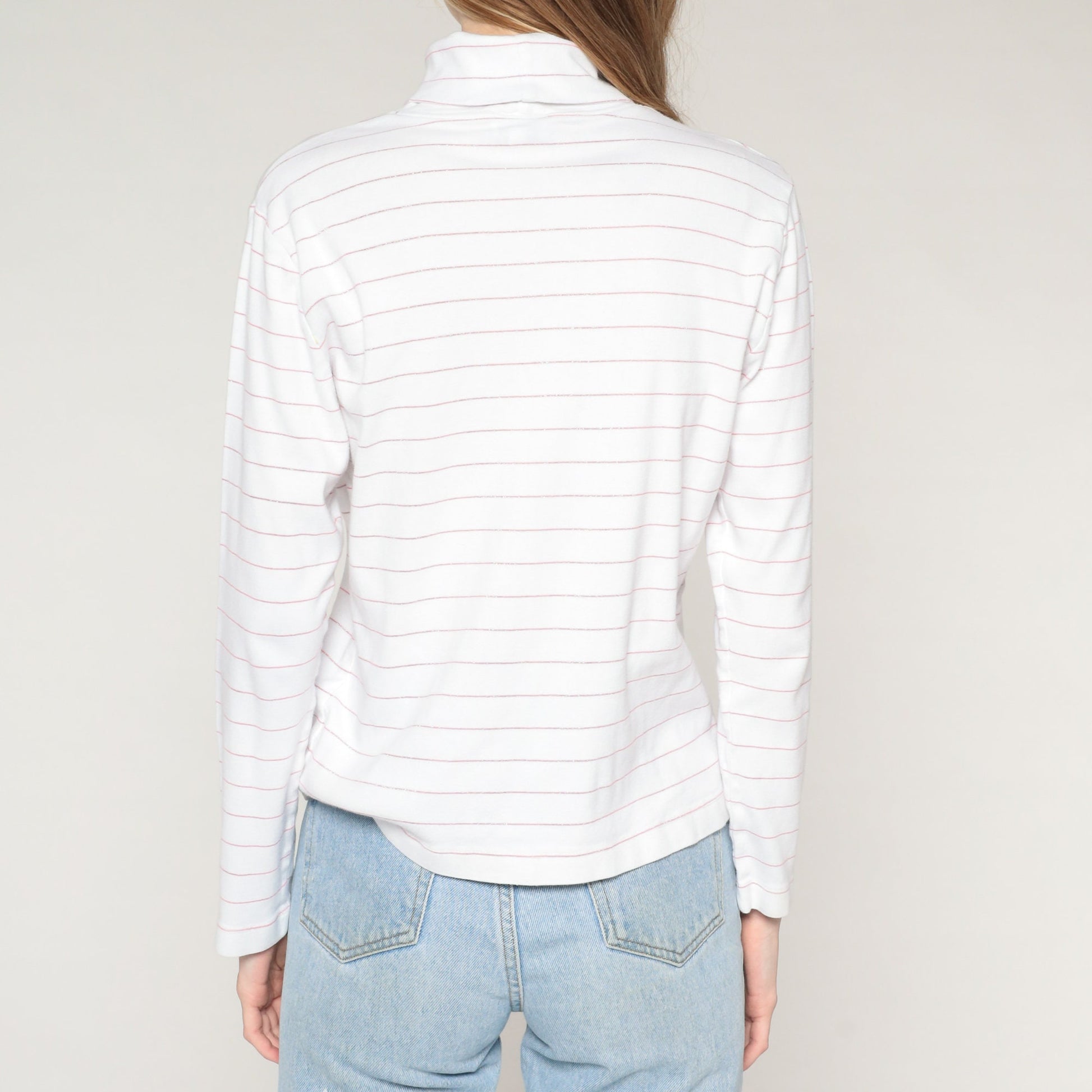 90s Striped Turtleneck Long Sleeve Shirt White Pink Metallic Medium M