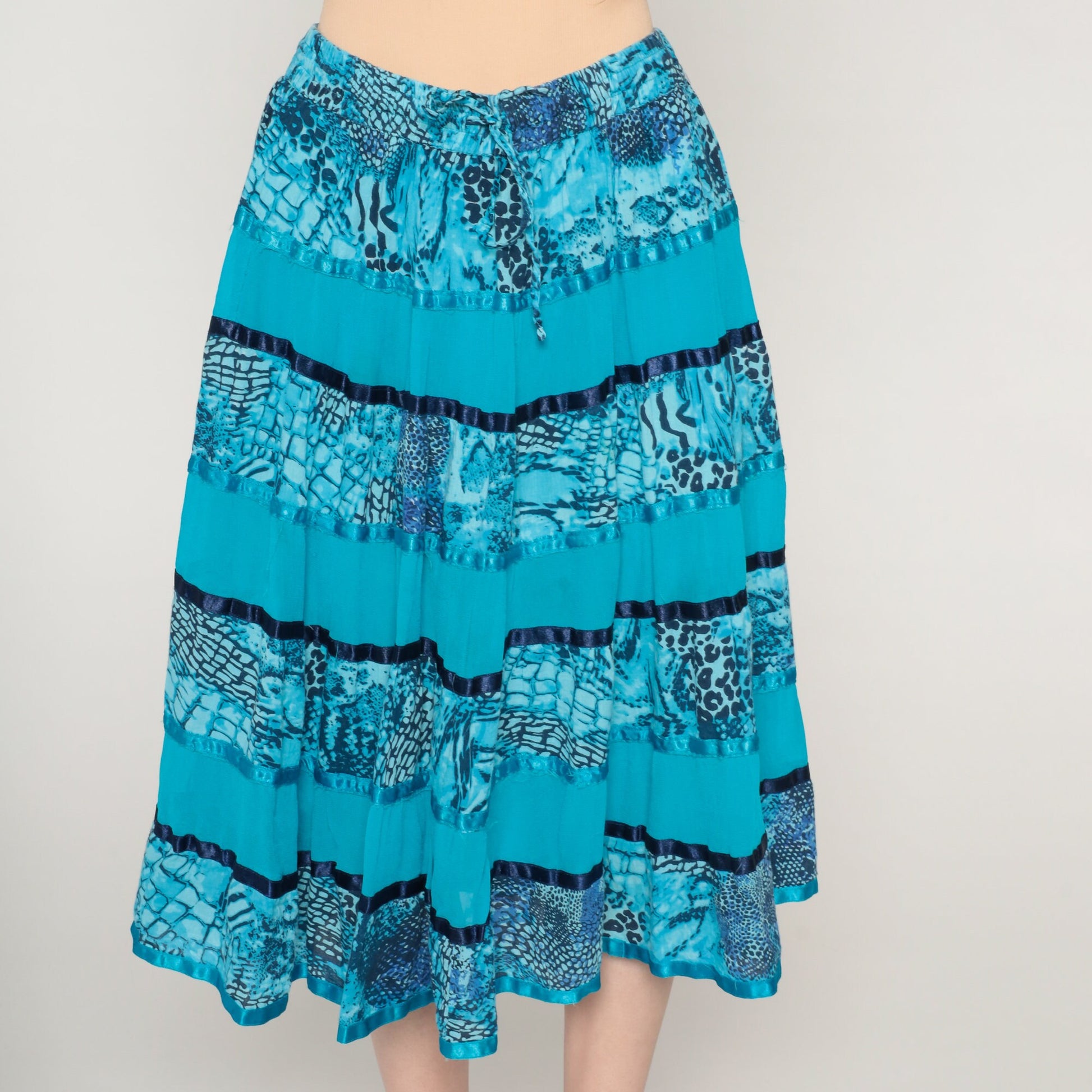 00s Blue Tiered Midi Skirt Animal Print Ribbon Trim Cotton Small