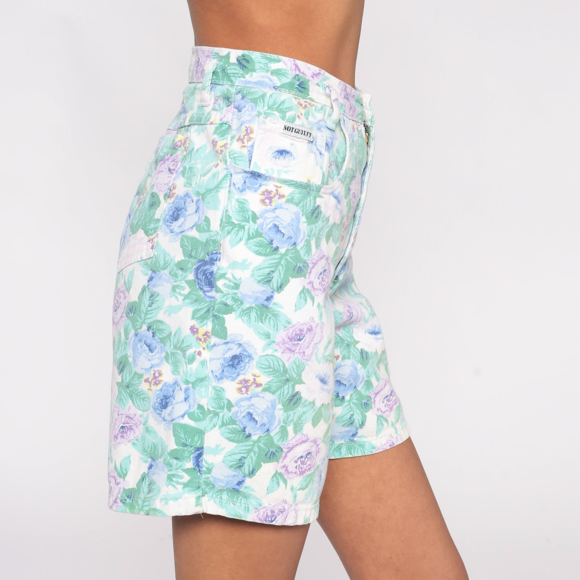 90s Not Guilty Floral Denim Shorts High Waist Green Purple Medium
