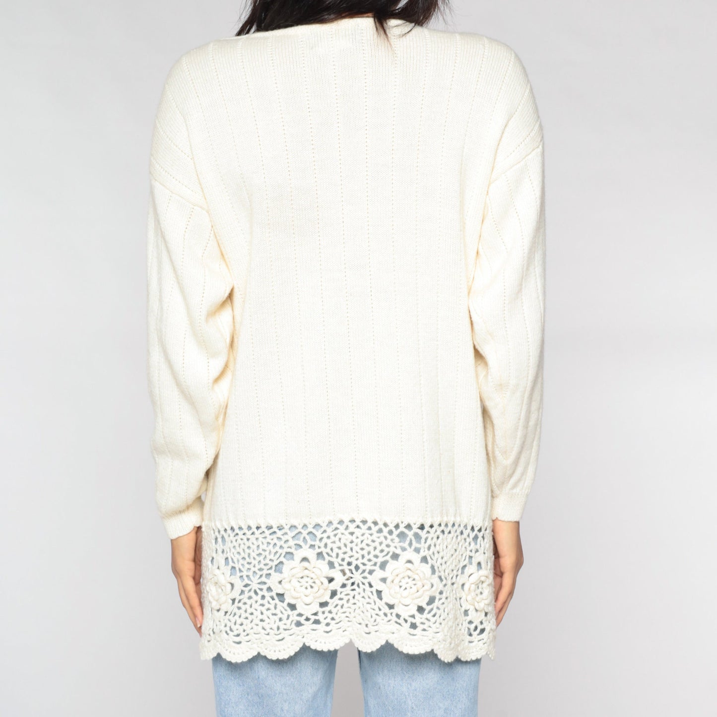 90s Cream Wool Blend Crochet Floral Sweater V-Neck Pullover Medium