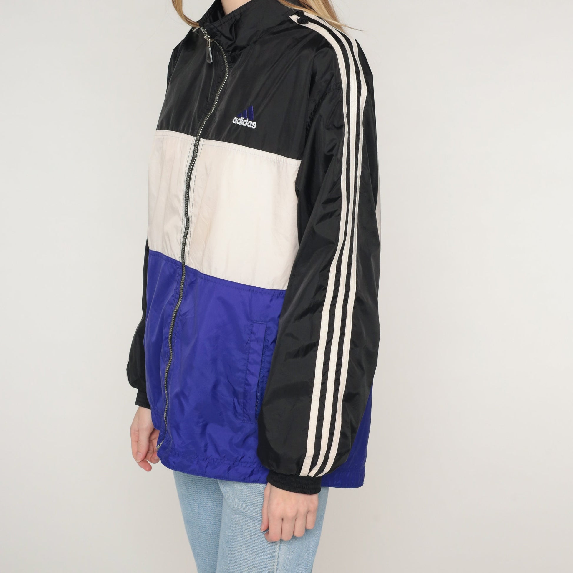 Y2K Adidas Windbreaker Jacket Black White Purple Striped Colour Block 2XL