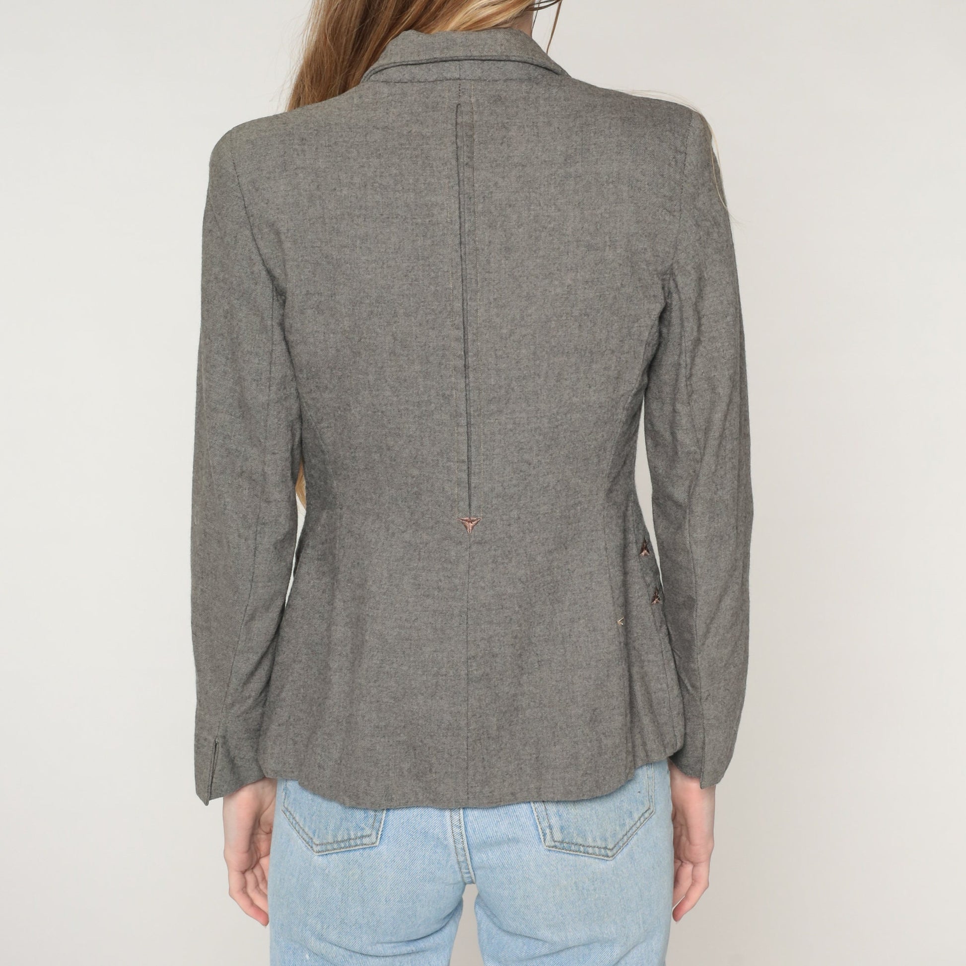60s Grey Wool Blazer Single Button Jacket Embroidered Pockets Extra Small