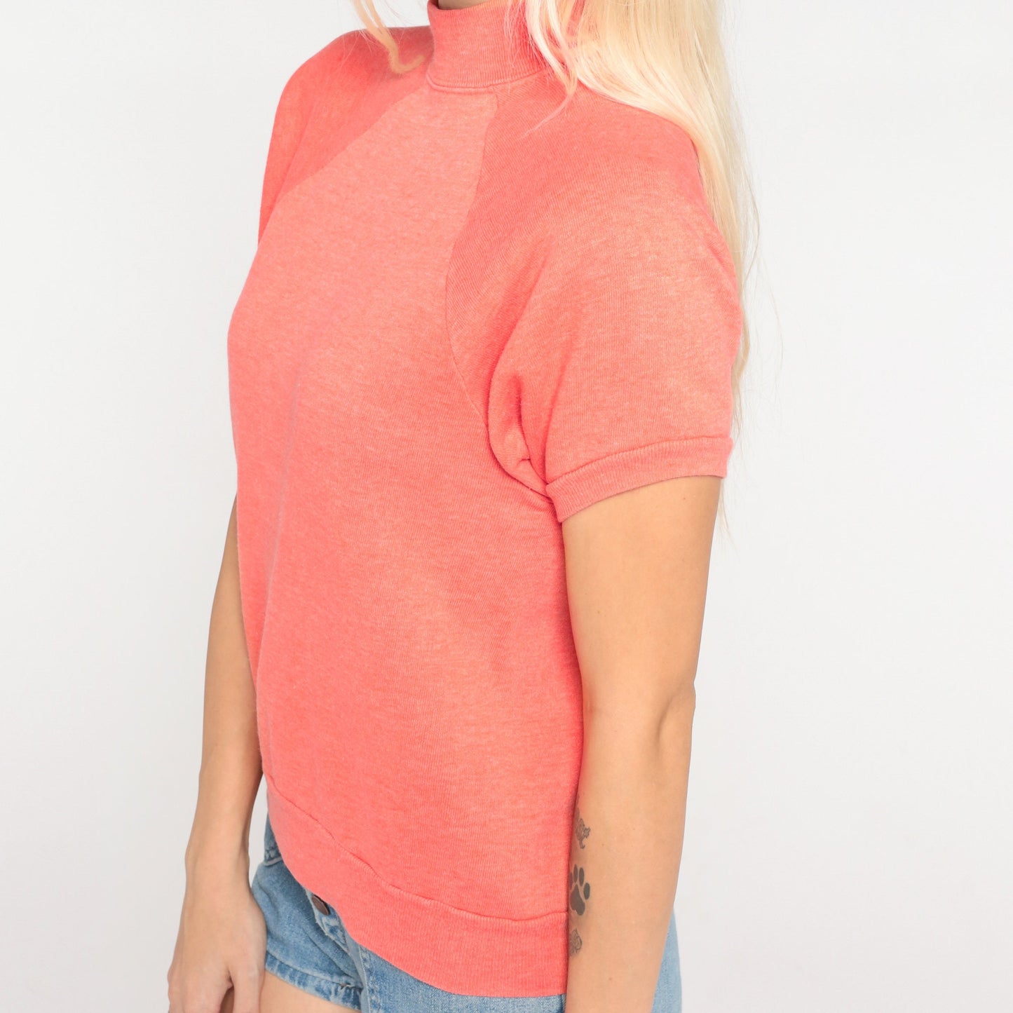 80s Coral Mock Neck Raglan Sweatshirt Short Sleeve Pink Top Extra Small XS