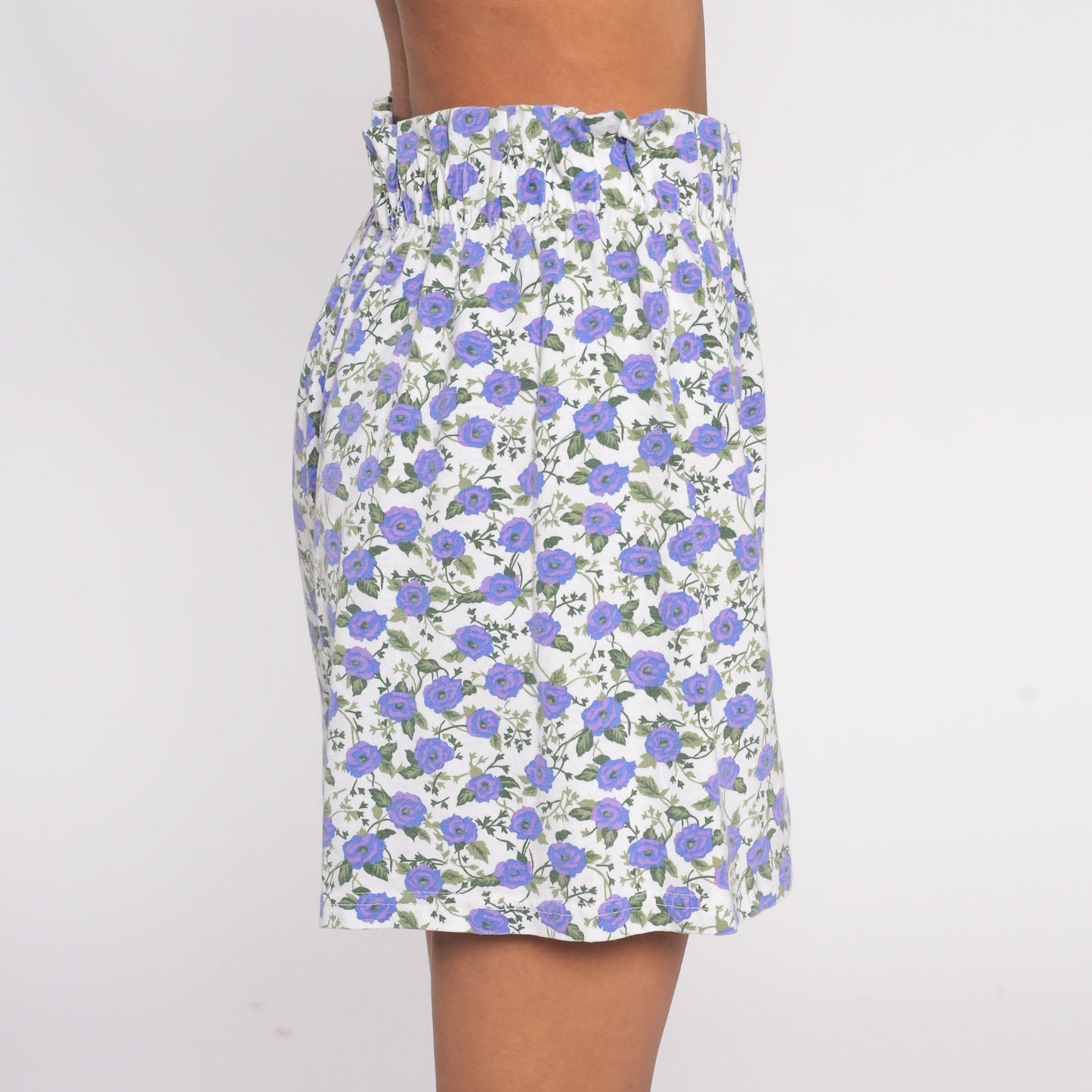 90s Fizzical Floral Paper Bag Shorts High Waist Purple White Cotton Medium Large