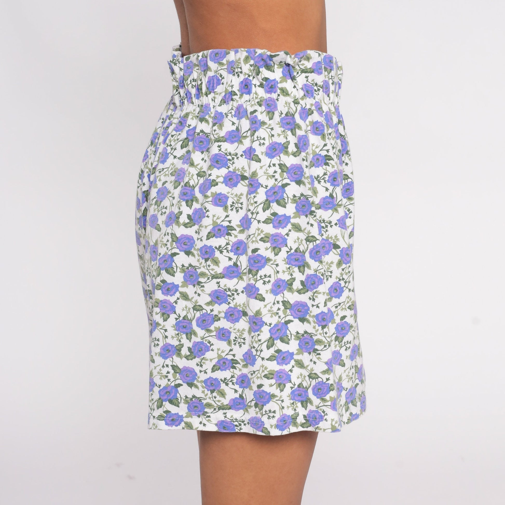 90s Fizzical Floral Paper Bag Shorts High Waist Purple White Cotton Medium Large