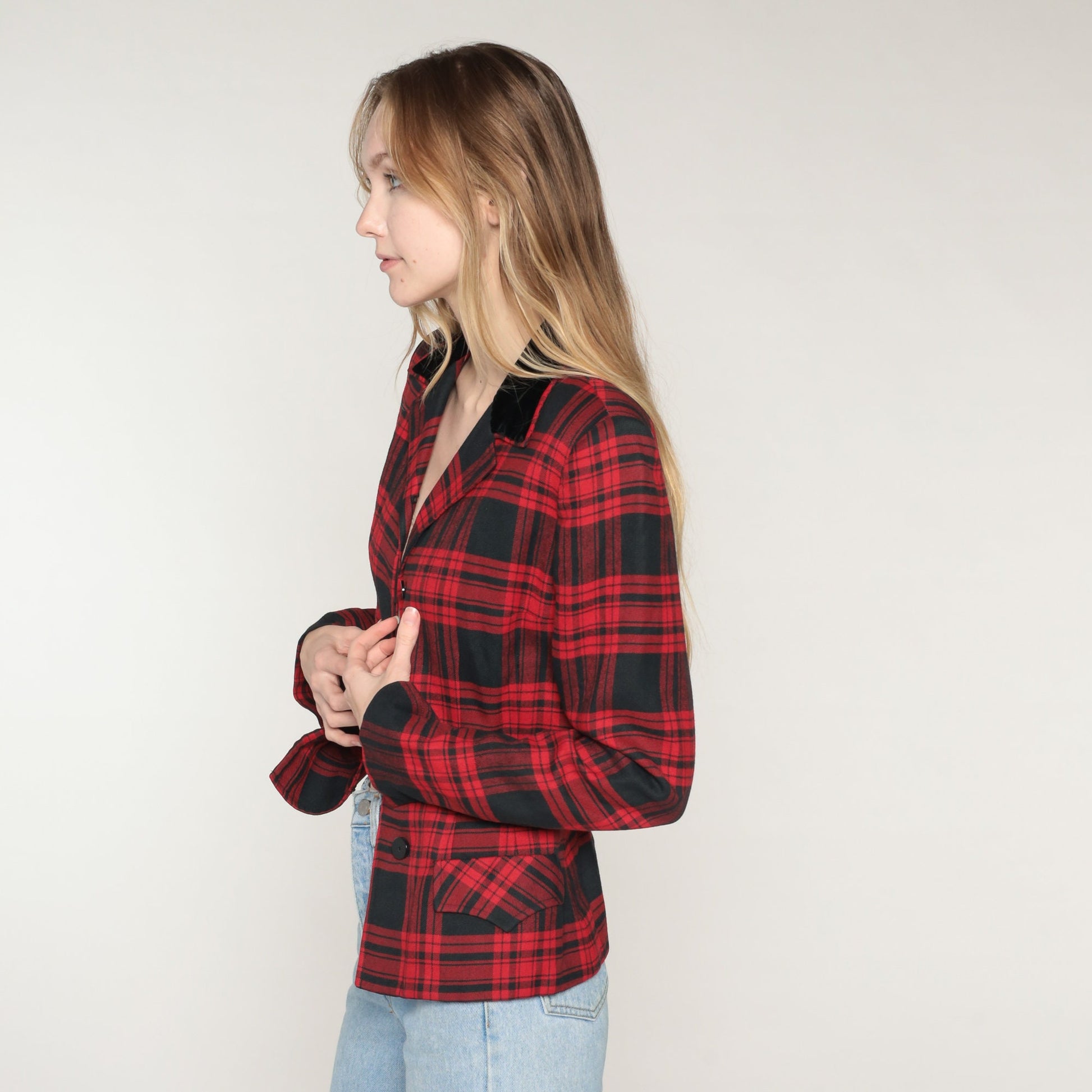 70s Marshall Field Red Plaid Wool Blazer Notched Collar Button Jacket Extra Small