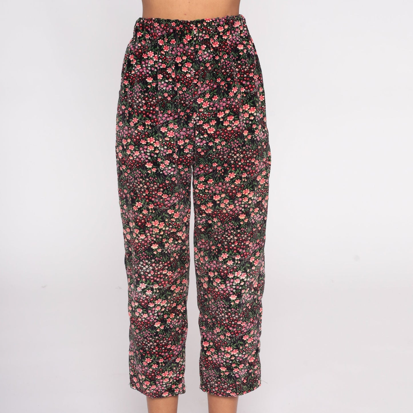 90s Black Velvet Floral Capri Pants Pink Print Elastic Waist Small Medium