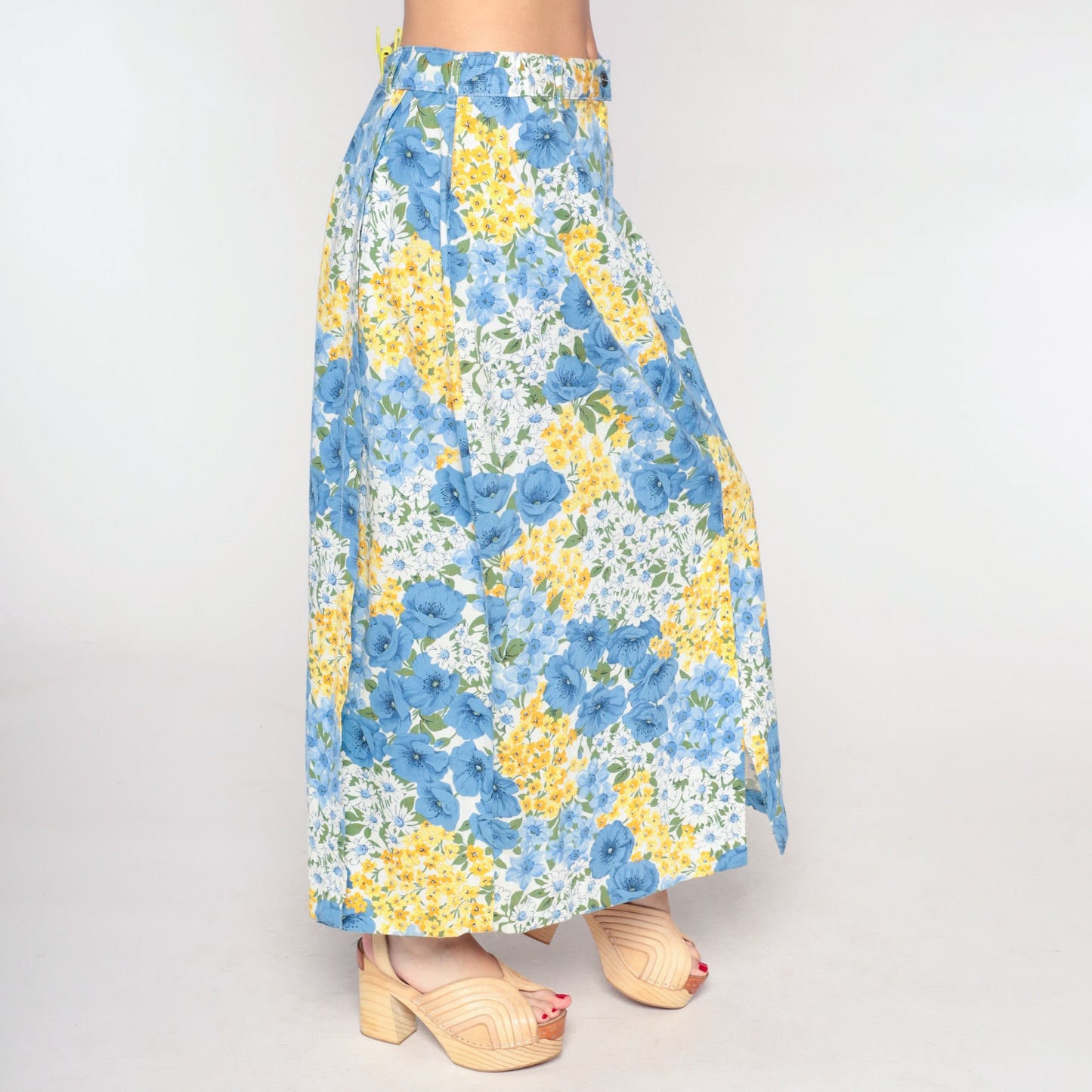90s Blue Floral Wrap Maxi Skirt Cotton Flower Print Medium Large
