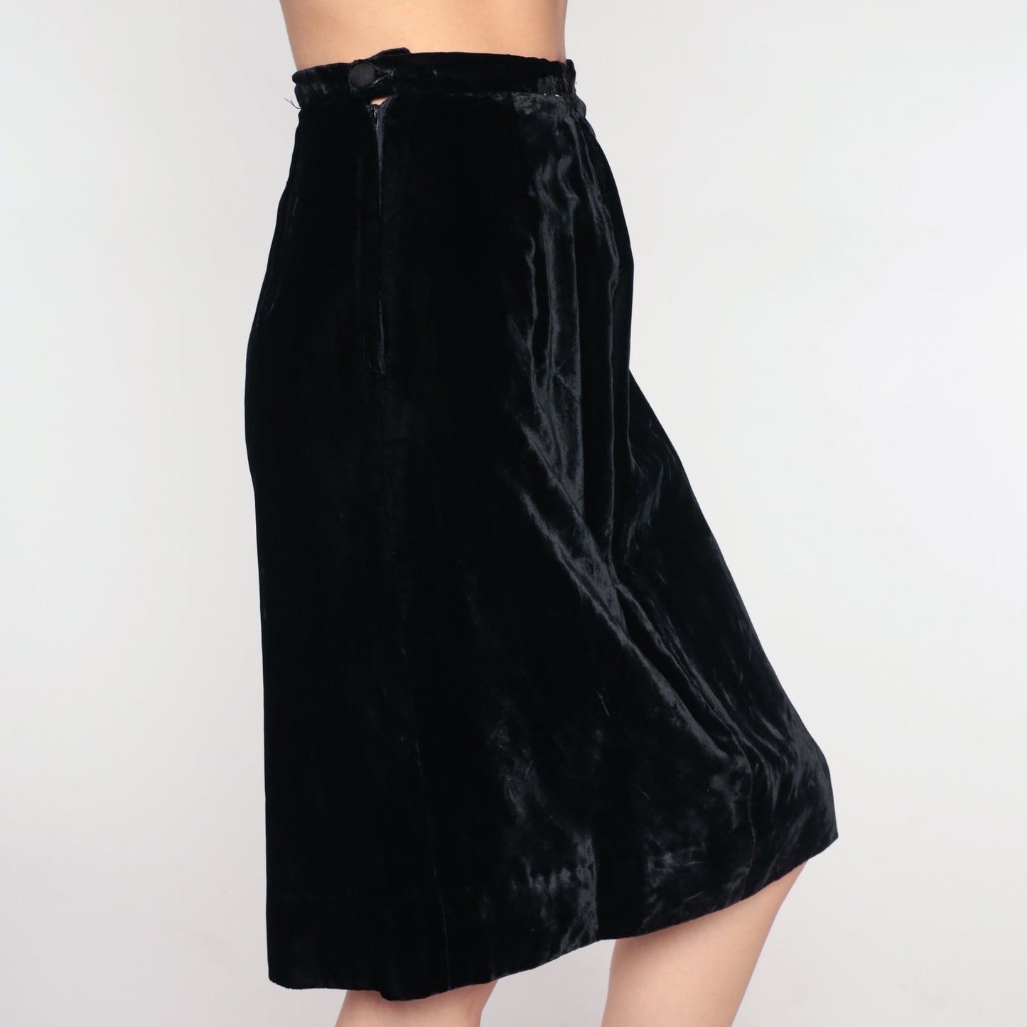 70s Black Velvet Midi Skirt High Waisted Pencil Extra Small XS
