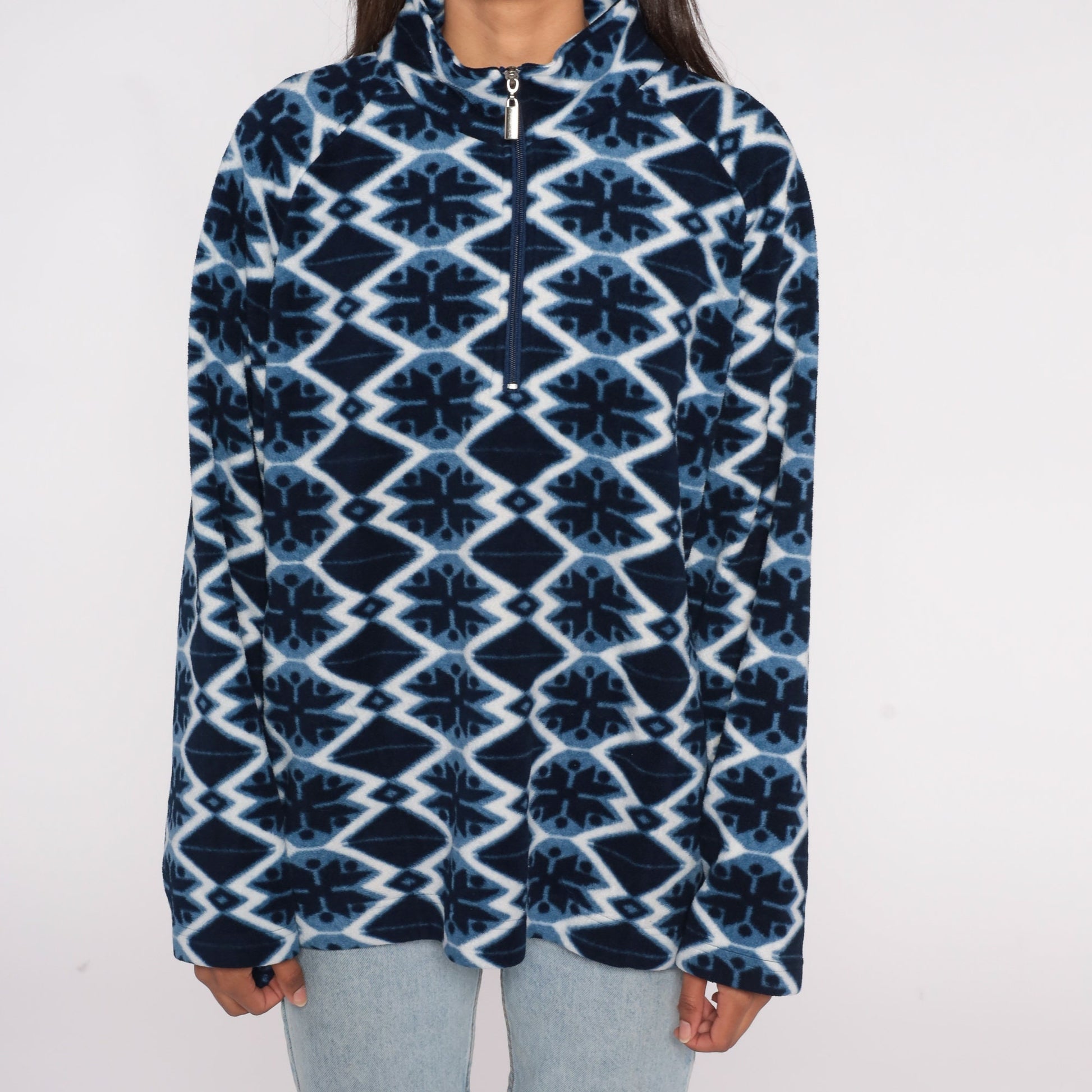 Y2K Nordic Snowflake Fleece Mock Neck Pullover Blue Extra Extra Large XXL