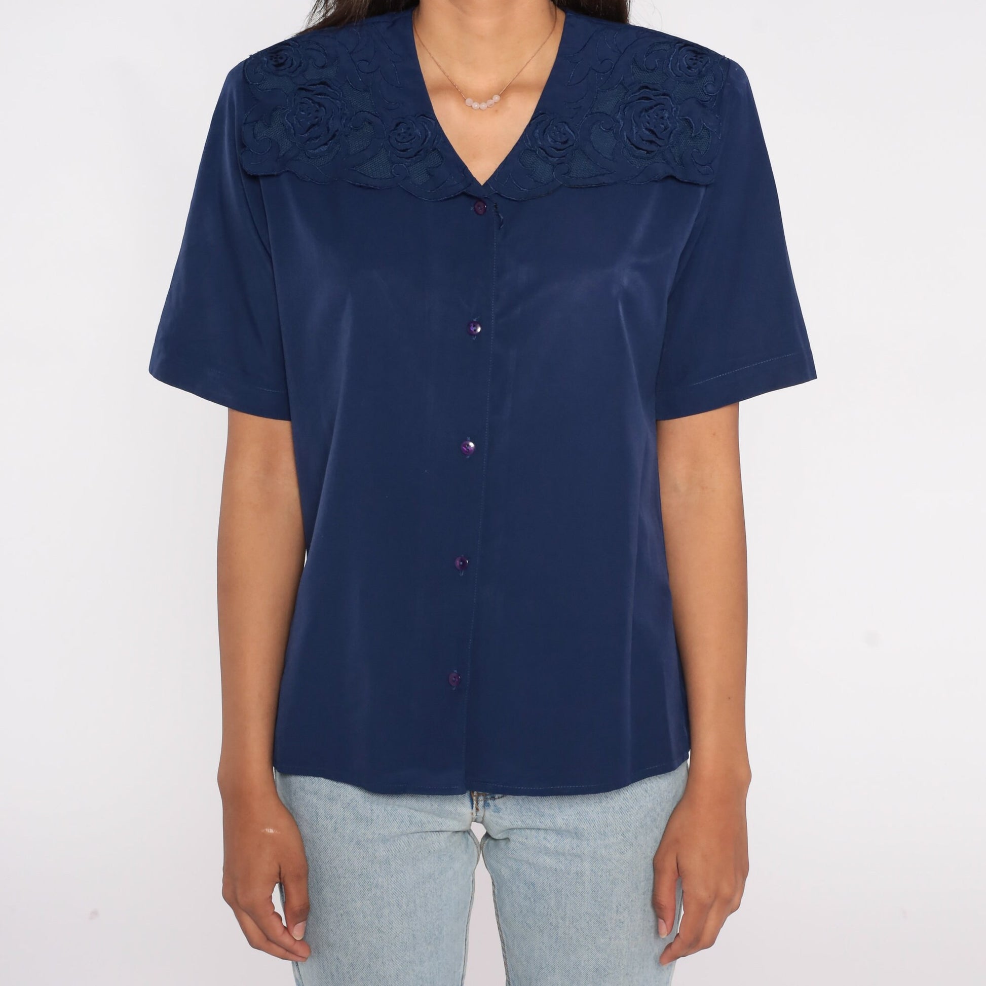 90s Navy Floral Embroidered Collared Blouse Short Sleeve Button Up Small