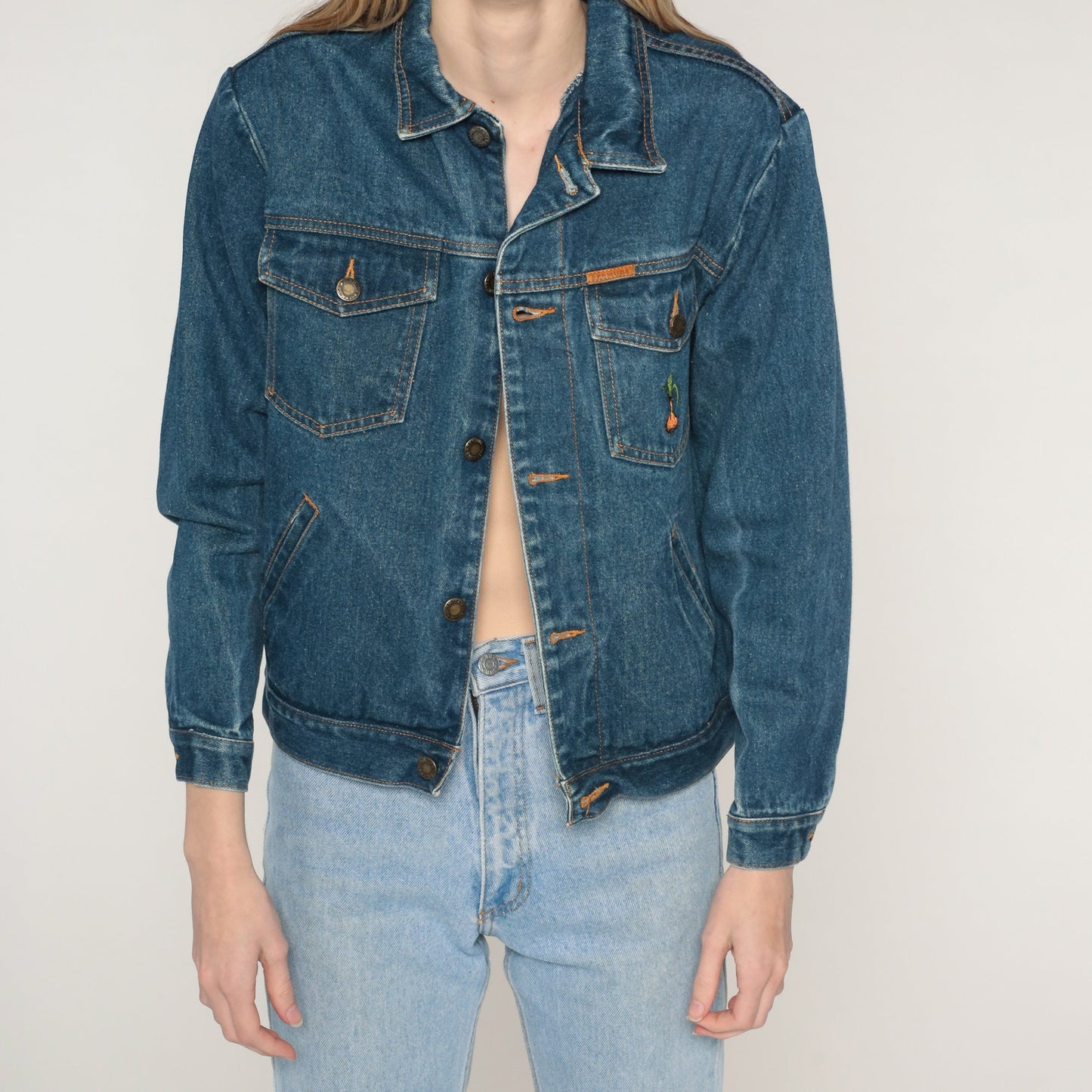 80s Blue Denim Jacket Embroidered Onion Chest Graphic Extra Small