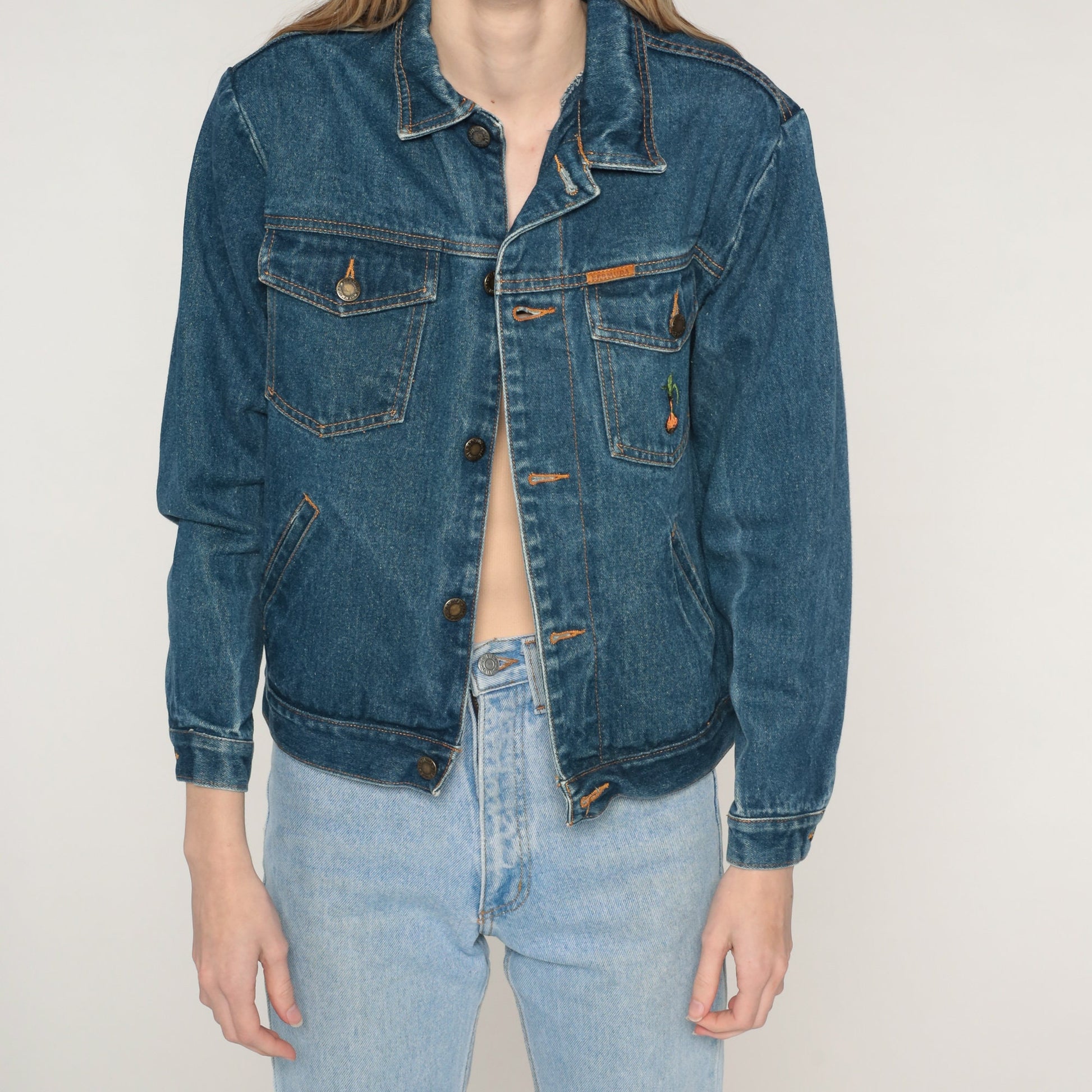80s Blue Denim Jacket Embroidered Onion Chest Graphic Extra Small
