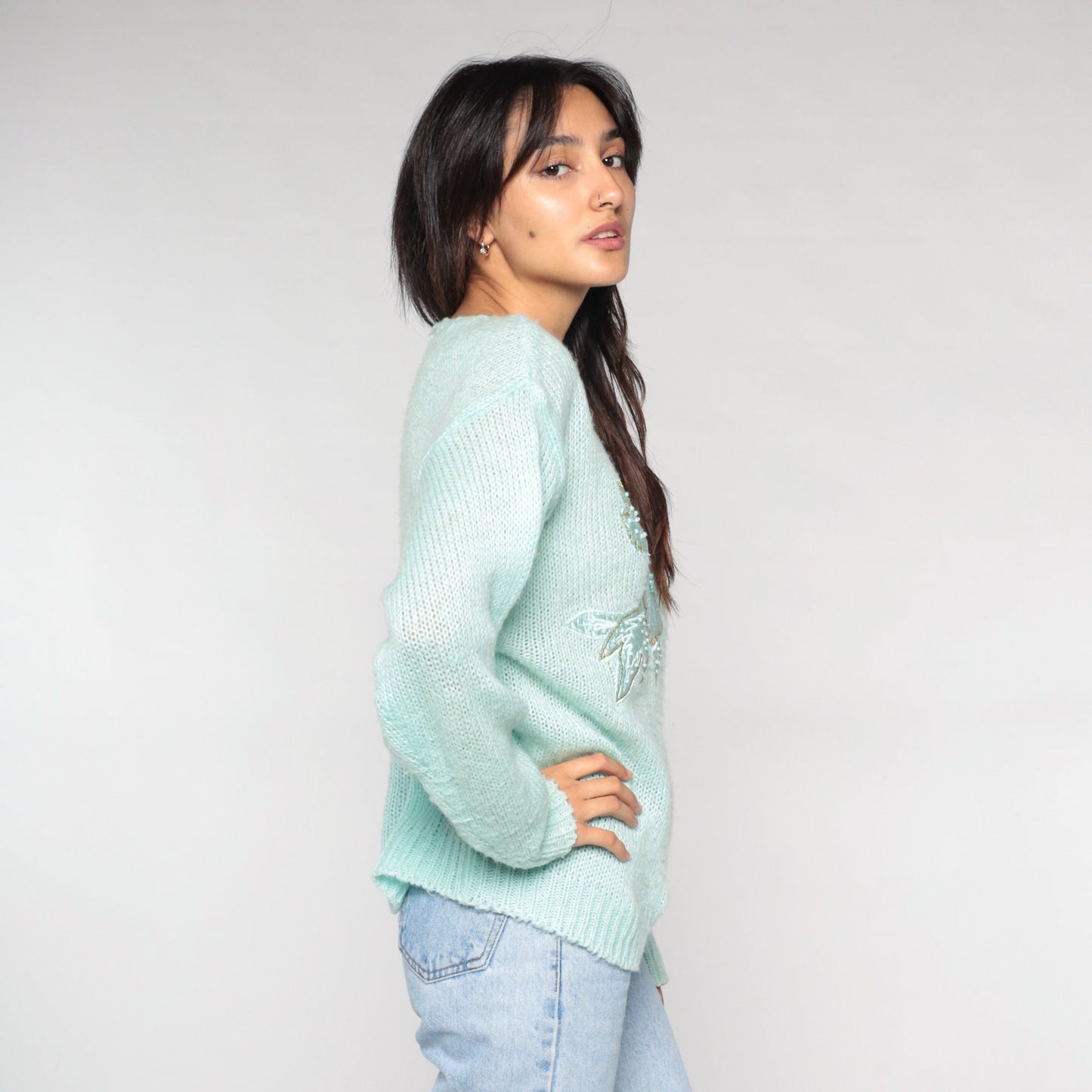 90s Mint Green Floral Appliqué Knit Sweater Pullover Medium M