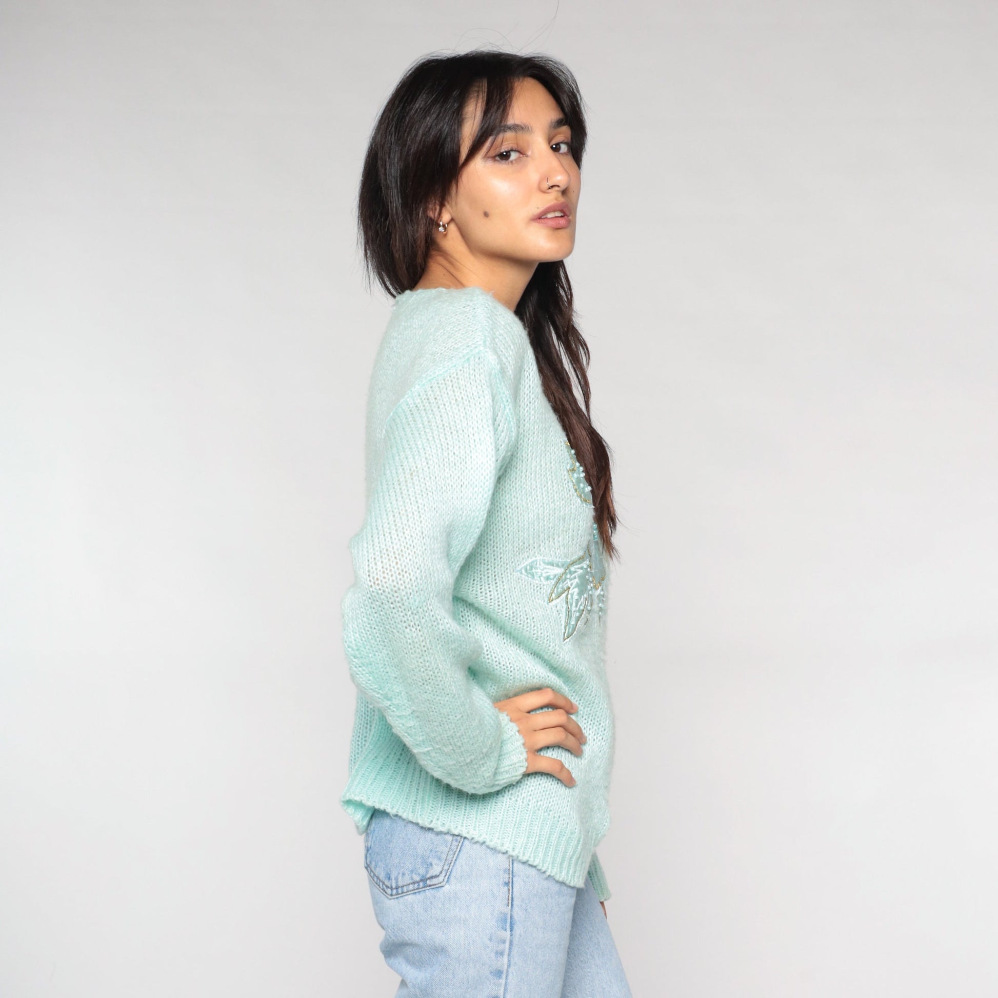 90s Mint Green Floral Appliqué Knit Sweater Pullover Medium M