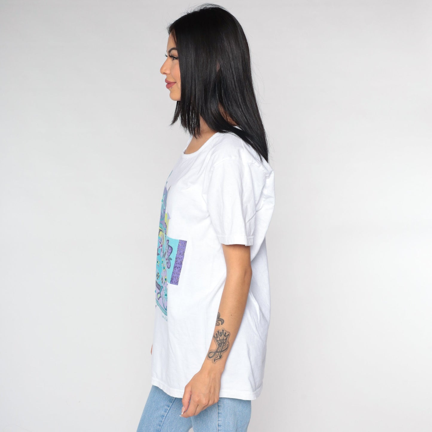 Diane Von Furstenberg Y2K Floral Glitter T-Shirt White Blue Green Purple Extra Large XL