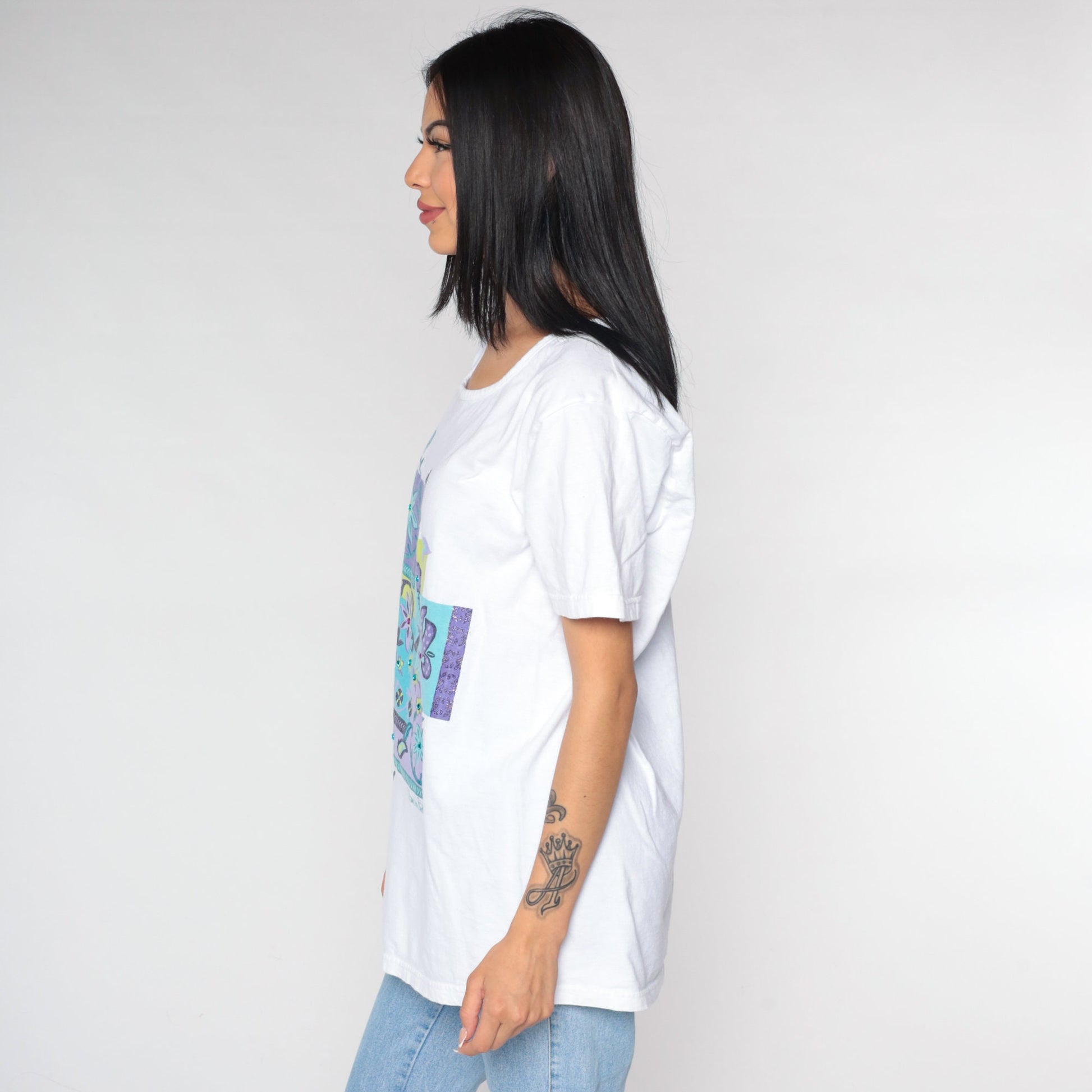 Diane Von Furstenberg Y2K Floral Glitter T-Shirt White Blue Green Purple Extra Large XL