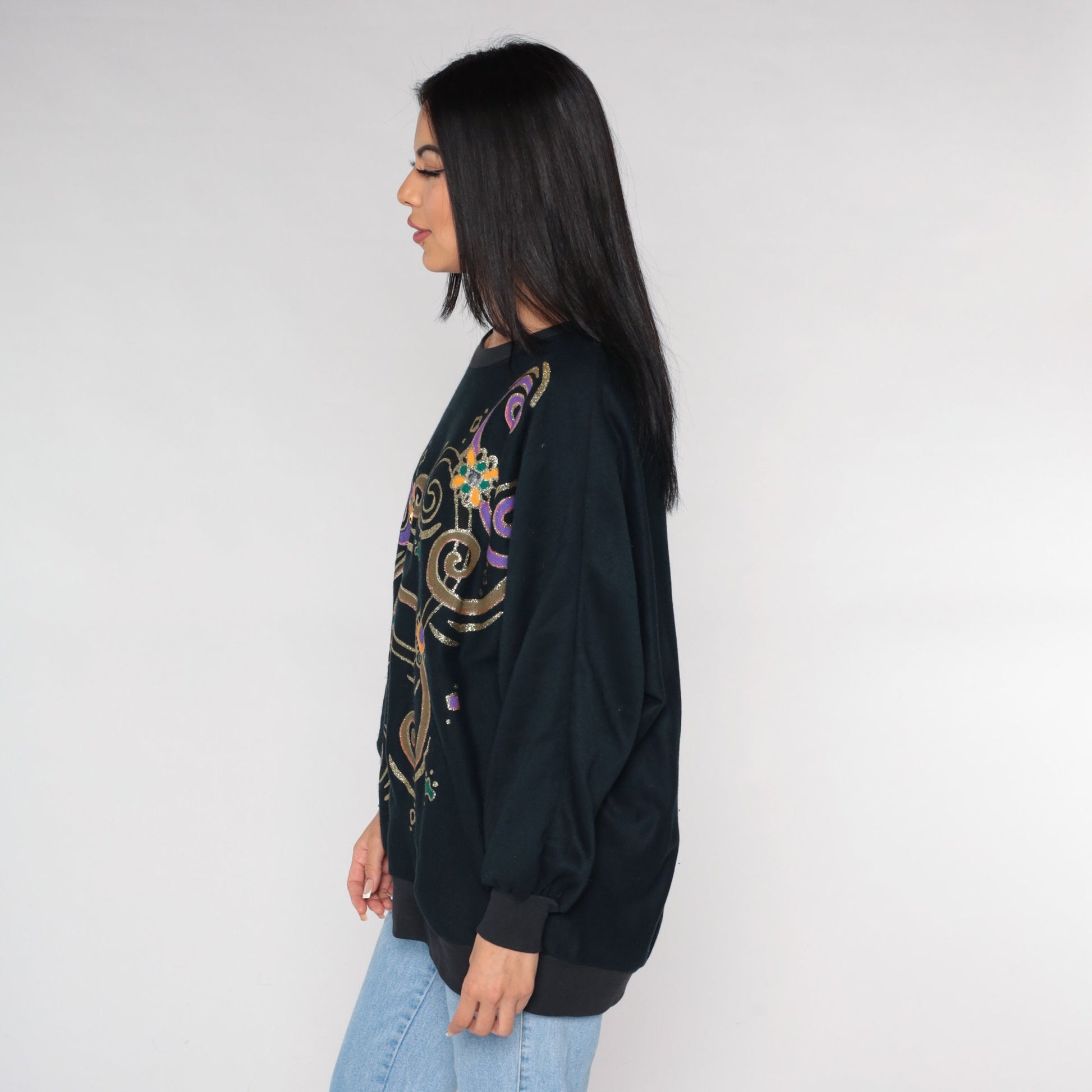 90s Black Sweatshirt Glitter Swirl Rhinestone Print Novelty Sweater Extra Large XXL