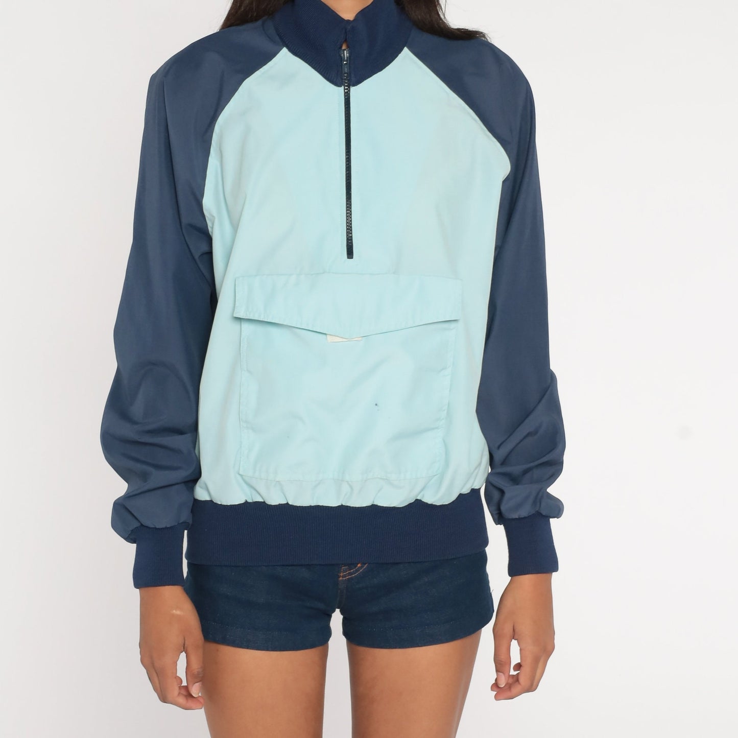 80s Baby Blue Navy Colour Block Half Zip Pullover Jacket Medium