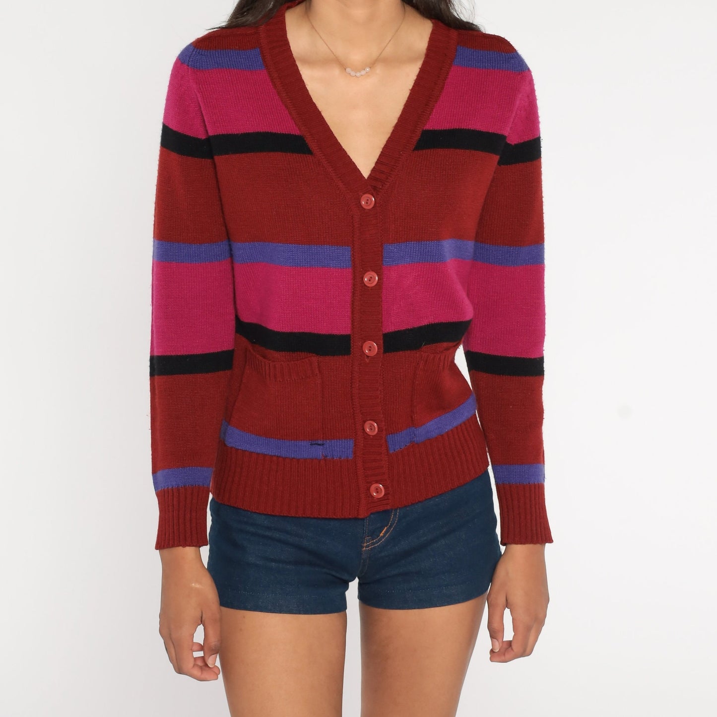 70s Striped Cardigan Rust Red Pink Purple V-Neck Button-Up Knit Small